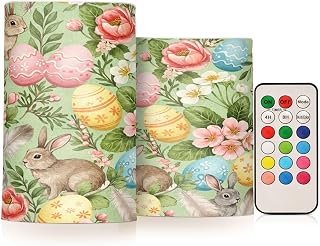 Easter Lights Flameless Candles Rabbit Bunny Flowers Pillar Candles Set of 2 Battery Operated Remote Control Warm Lights Home Decor