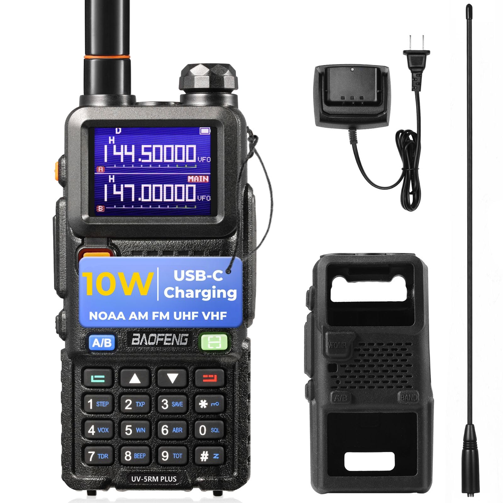 BAOFENG UV-5RM Plus 10W Ham Radio Handheld, UHF VHF Long Range Two Way Radio Walkie Talkie, NOAA FM AM(Airband) Receiver, with Protection Case, 2500mAh Battery USB-C Rechargeable, Chirp Compatible