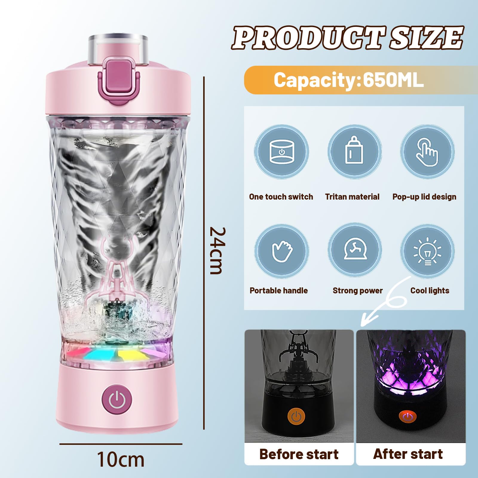 flintronic Bottiglia per Shaker per Proteine, 650 ml Shaker per Proteine Elettrico, Tazze Shaker Ricaricabili USB, Protein Shaker Bottle con Vano Portaoggetti, Senza BPA, per Frullati Proteici