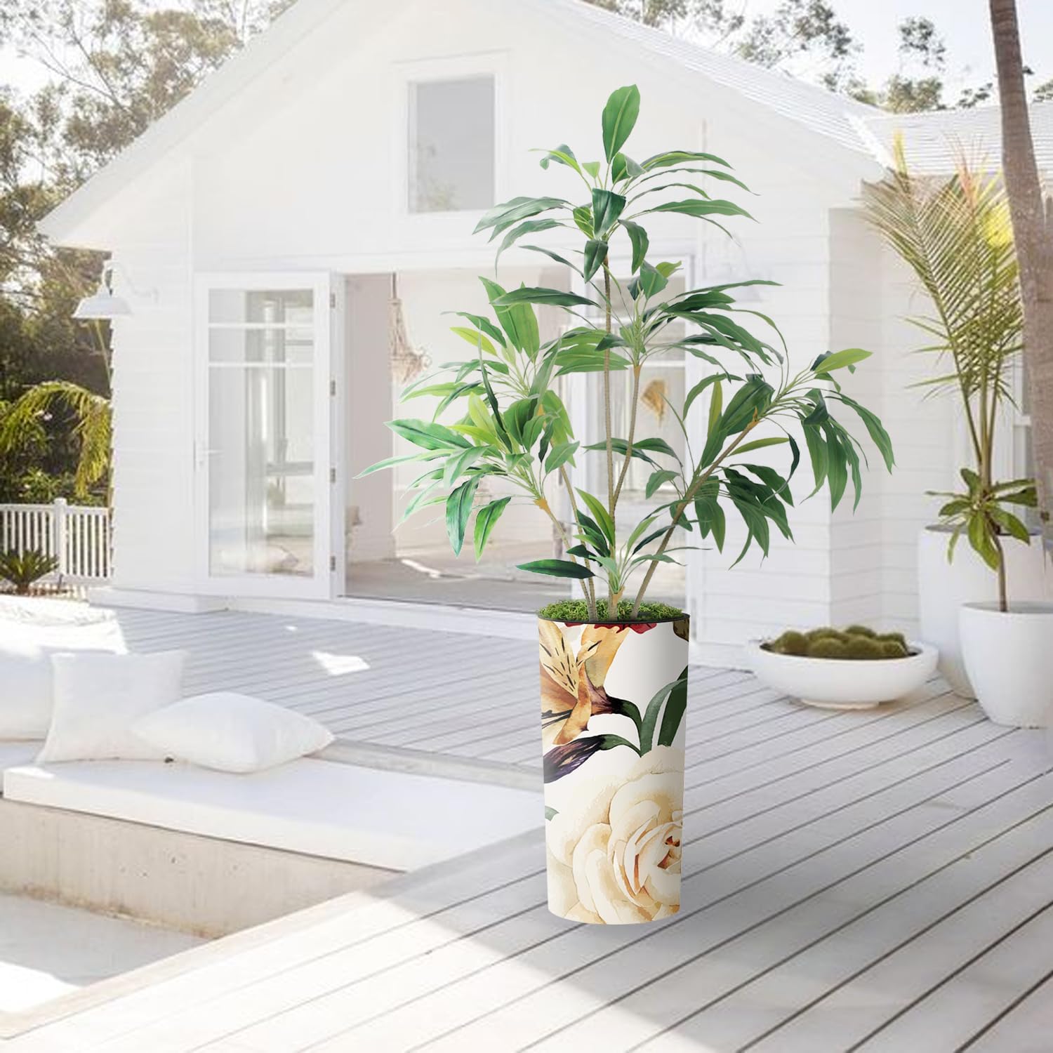 Artificial Tree in Modern Flower Pattern Planter, Fake Dracaena Tree Silk Tree for Indoor and Outdoor Home Decoration - 66" Overall Tall (Plant Pot Plus Tree)