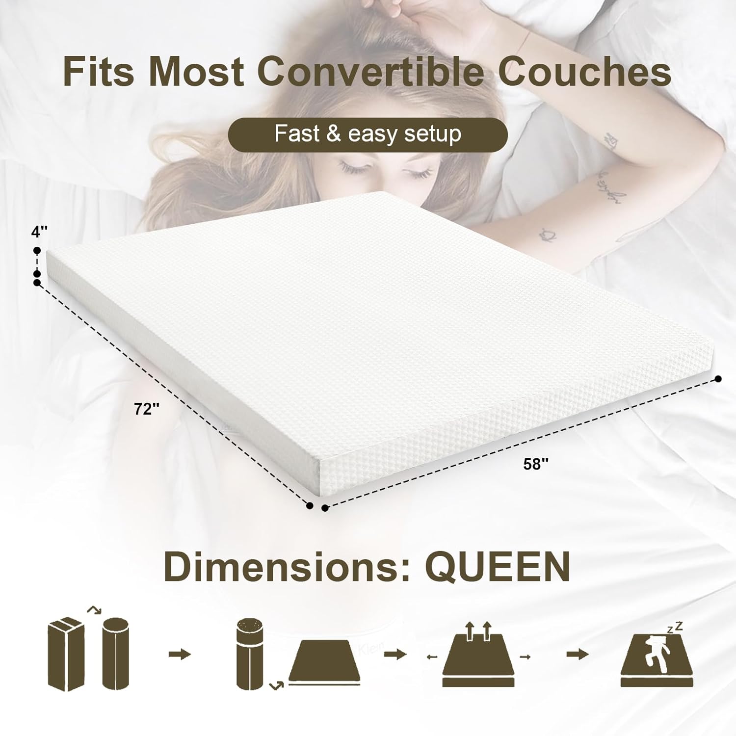 4 inch Queen Sofa Mattress with Removable Washable Cover,Replace Pull Out Queen Sleeper Sofa Mattress for RVs,Daybeds,Boats&Guest Rooms,58x72x4 inch