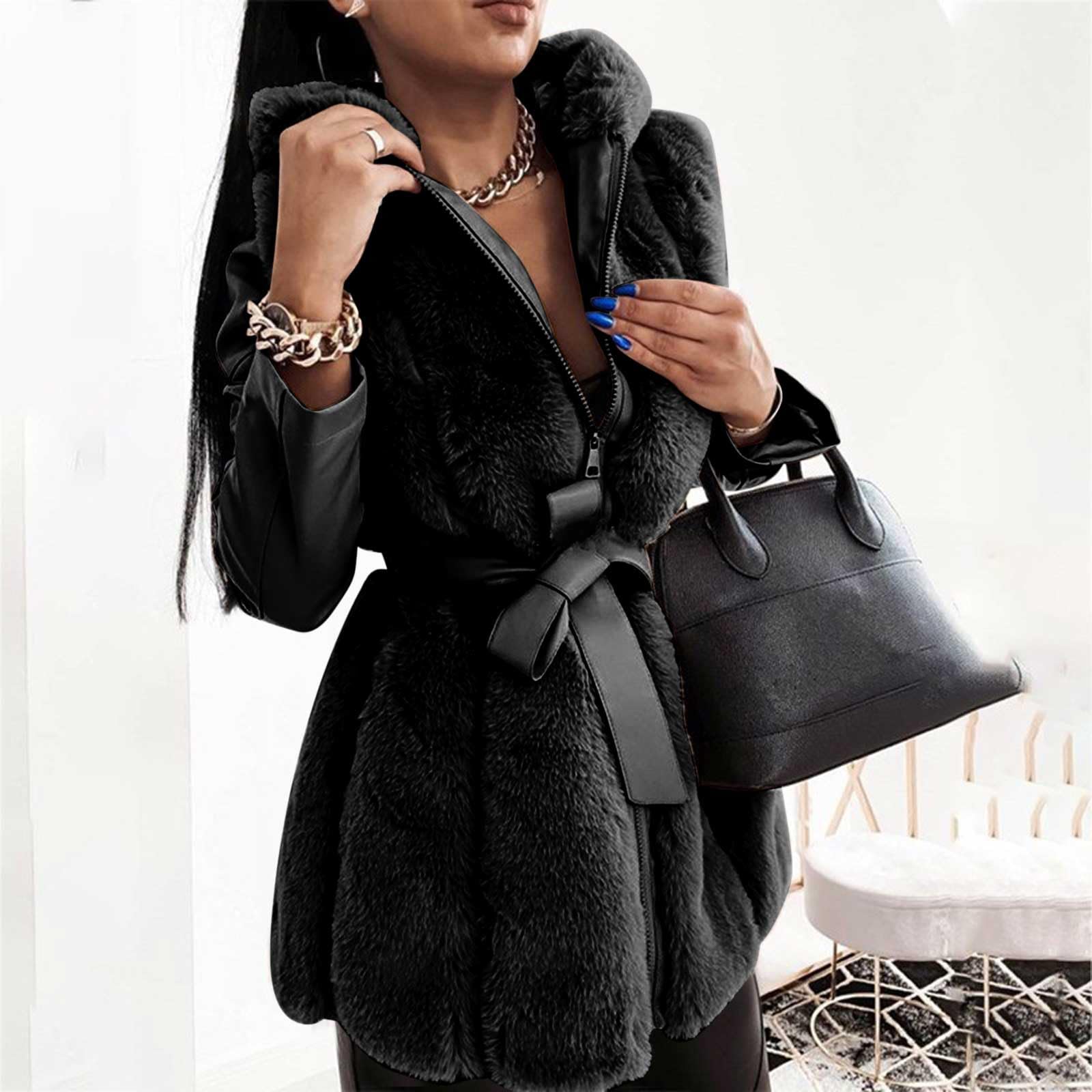 Pelzmantel Damen mit Kapuze Felljacke Warm Kunstfell Jacke Kunstpelz Mantel Winter Winterjacke Wintermantel Fleece Kuscheljacke Flauschig Strickjacke Kunstfellmantel Fellmantel Plüschjacke