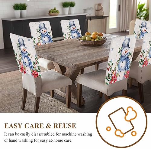 Vista 8 de Paquete de 4 fundas de respaldo de silla de Navidad con muñeco de nieve azul para sillas de comedor, fundas extraíbles lavables para silla