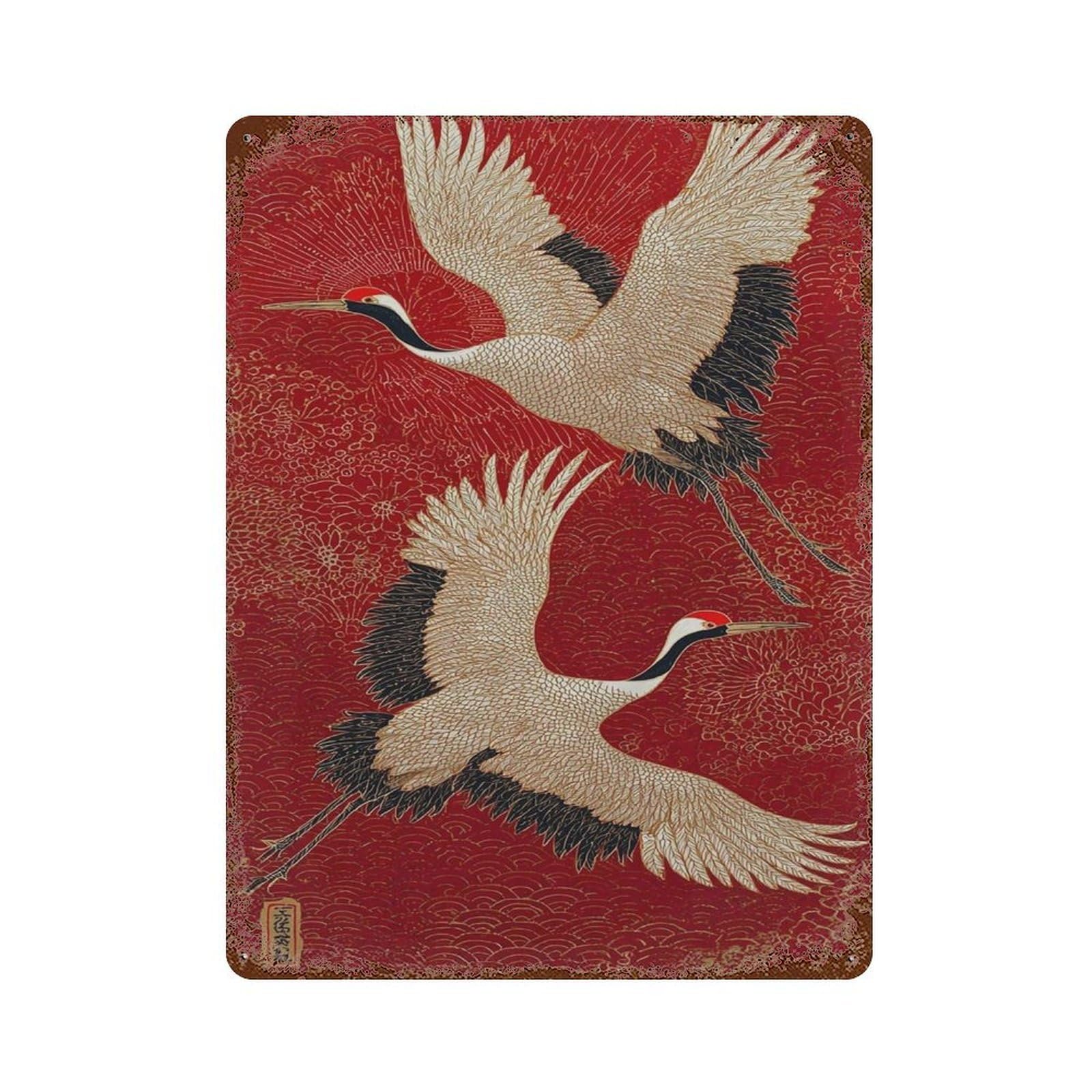 xiaoxiaoshen Japanese Crane – Red And Gold Oriental Bird Traditional Asian Elegant Wall Decor Art Metal Tin Poster Modern Home Decor Art Home Bar Shop Decorations Vintage Sign 40x30cm