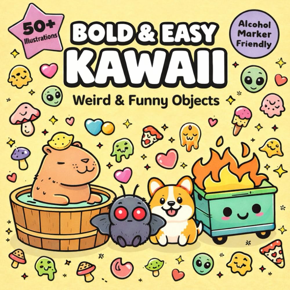 Weirdly Cute Bold and Easy Coloring Book: Simple Kawaii for Adults and Teens: Funny Aesthetic Designs of Chibi Mothman, Skeleton Yoga and Sassy ... Lines for Stress Relief and Alcohol Markers
