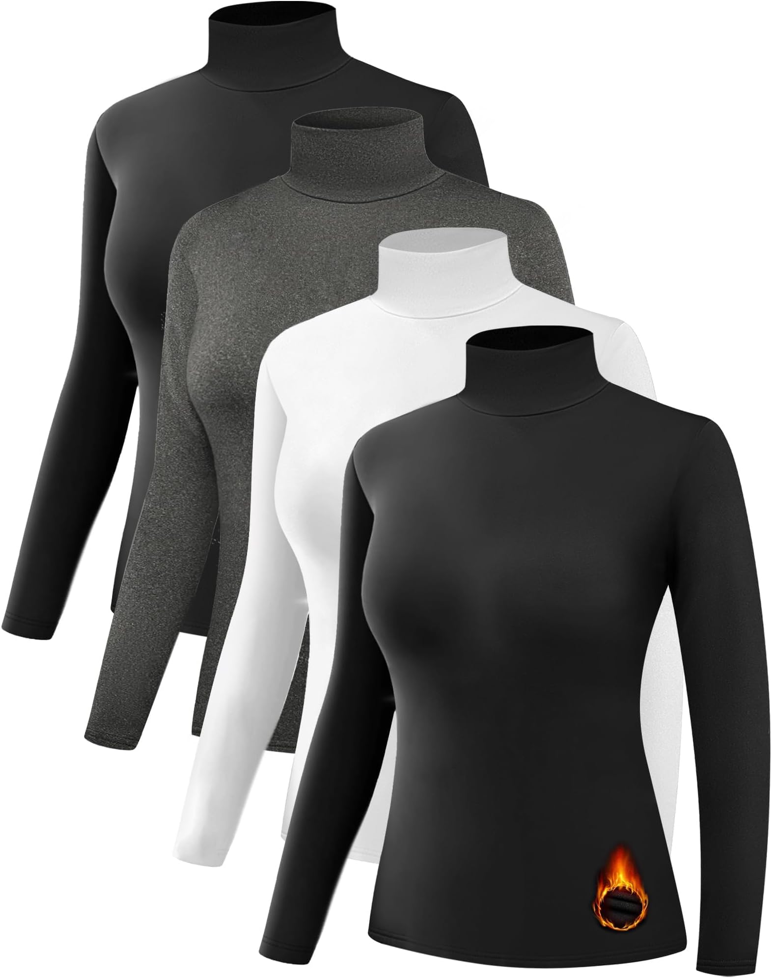 4 Pack Women’s Thermal Turtleneck Shirts, Women Turtle Neck Fleece Lined Compression Long Sleeve Base Layer Tops