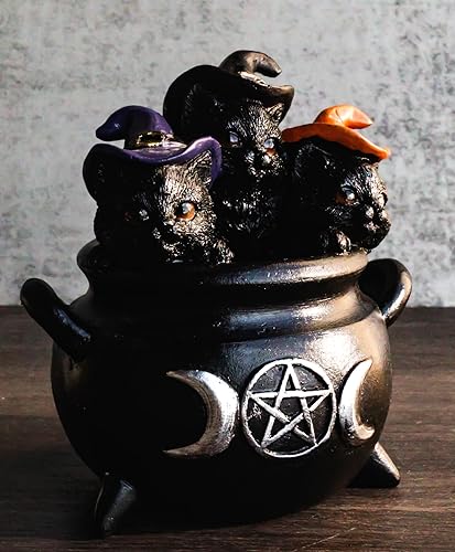 Miniatura 2 de Ebros Gift Mystical Wiccan Hocus Pocus Trio Felino Gatitos Negro con Sombreros de Bruja Sentados en Triple Luna Fuego Caldero Figura Halloween