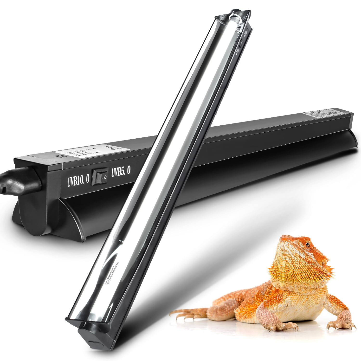 Switchable UVB Light for Reptiles, 24W T5 UVB Light Combo Kit for Tropical 5.0 & Desert 10.0, 22.6" Terrarium Hood Lamp Fixture with UVB 10.0 Bulb for Bearded Dragon Gecko Snake Lizard Turtle