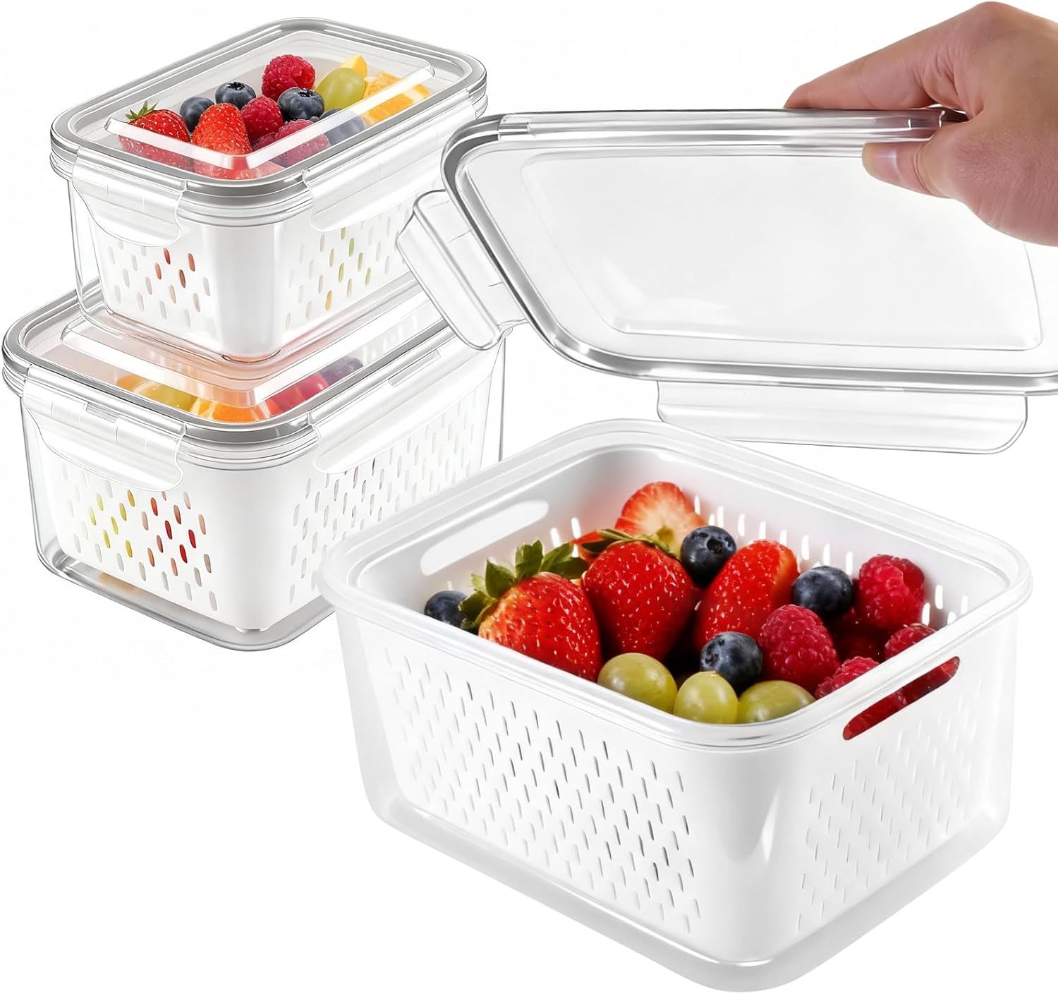 Fresh Produce Storage Set: 3 BPA-Free Containers with Drain Basket