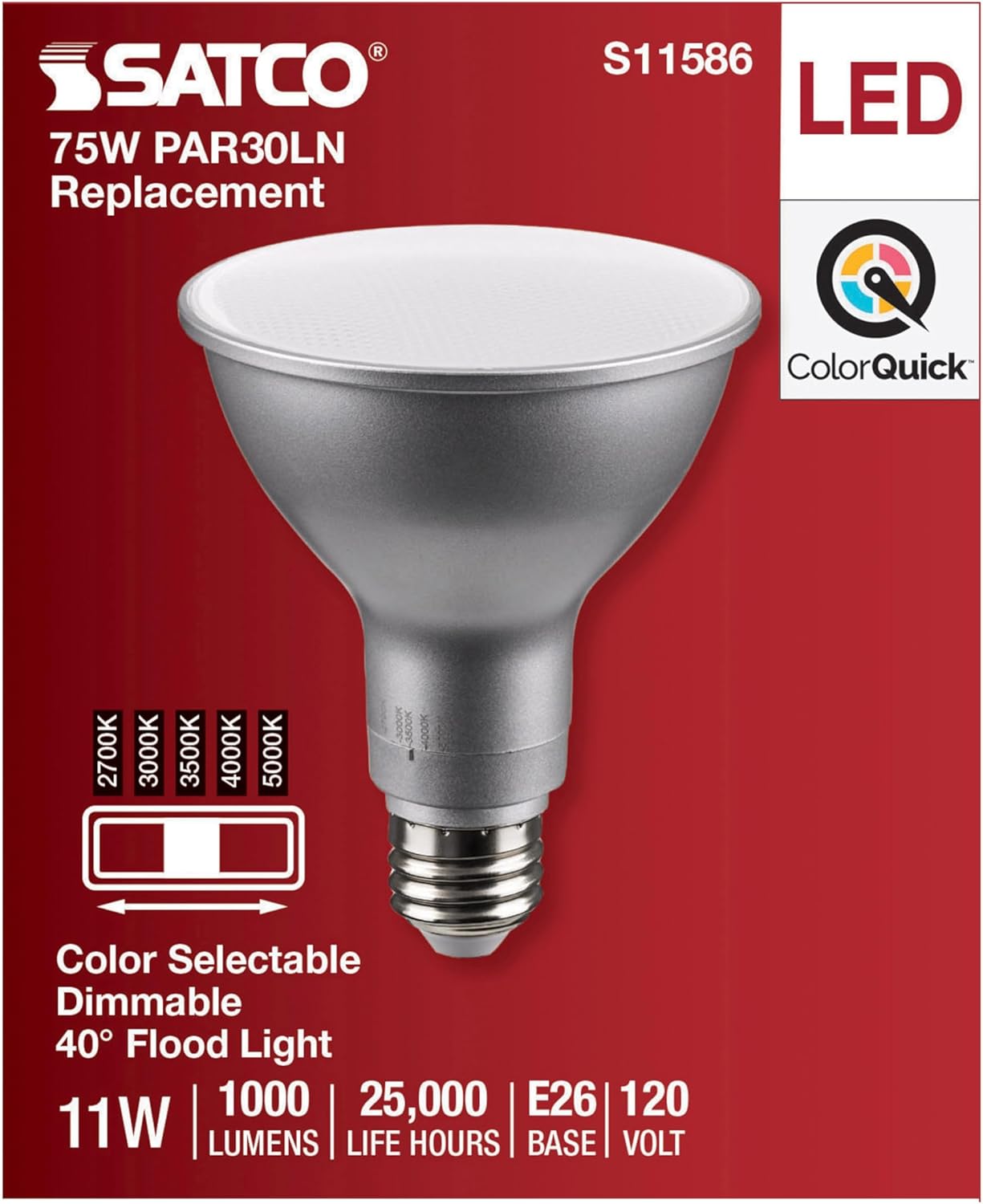 Satco S11586; 11 Watt PAR30LN LED; Medium Base; Silver Finish; CCT Selectable; 120 Volt; 40 Degree Beam Angle; 11PAR30LN/LED/5CCT/FL/120V (6 LED Bulbs)