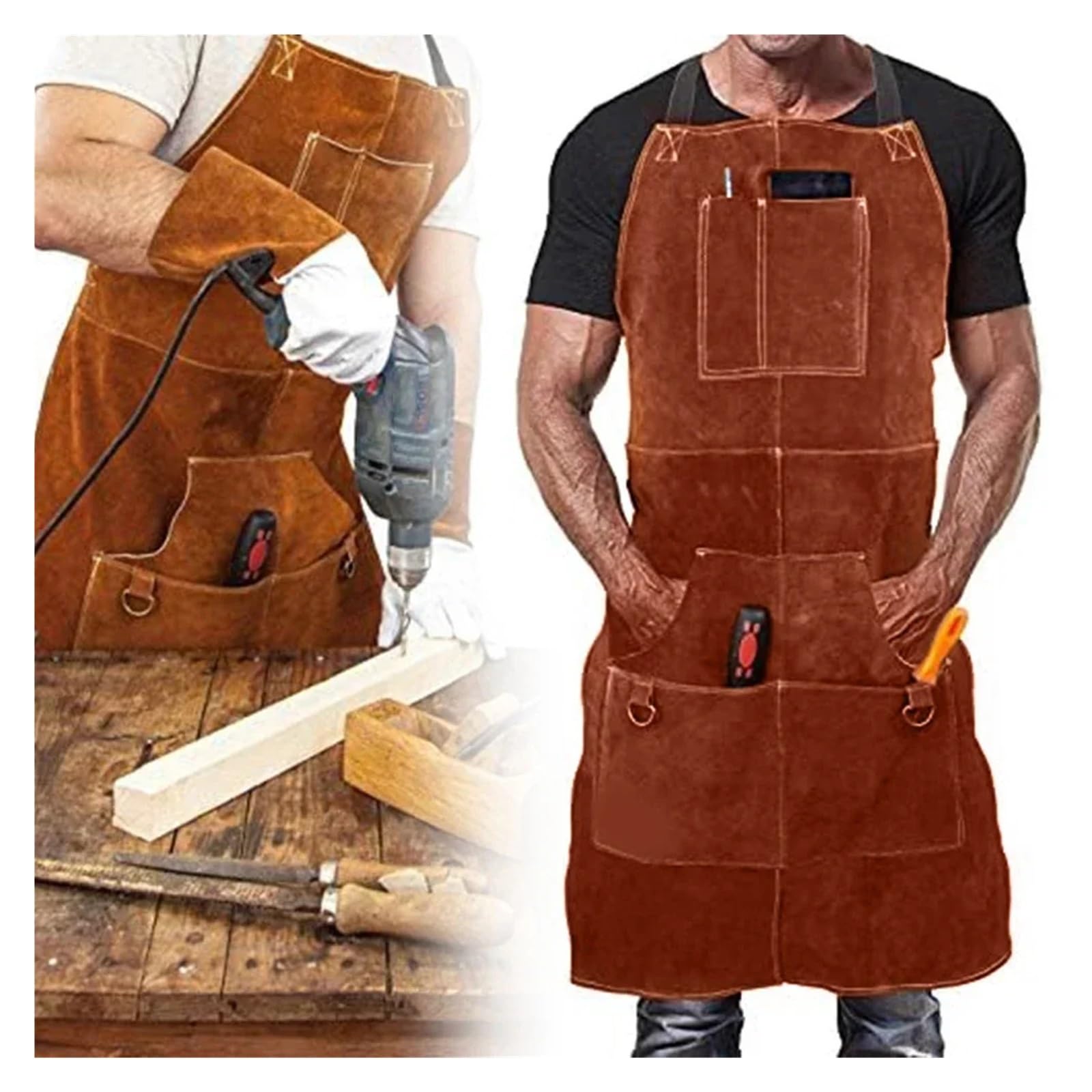 delantal cocina Delantal de soldadura cuero vaca delantal resistente taller uso Industrial profesional almacenamiento herramientas cobertura pecho a rodillas