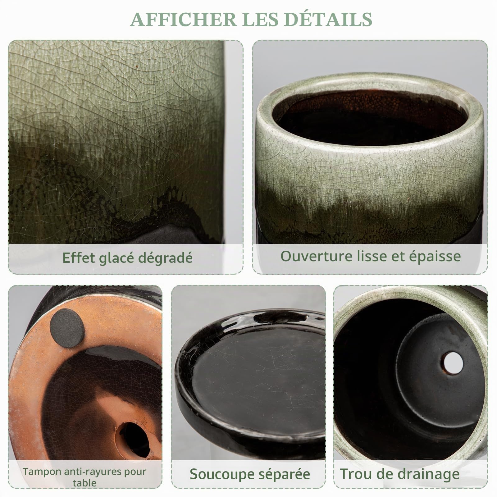 Oairse Pot en céramique pour plantes, 13 cm, vase de plantation en céramique, petit pot décoratif avec trou de drainage et sous-pots, dégradé de couleur, noir, pour l'extérieur, pot de fleurs