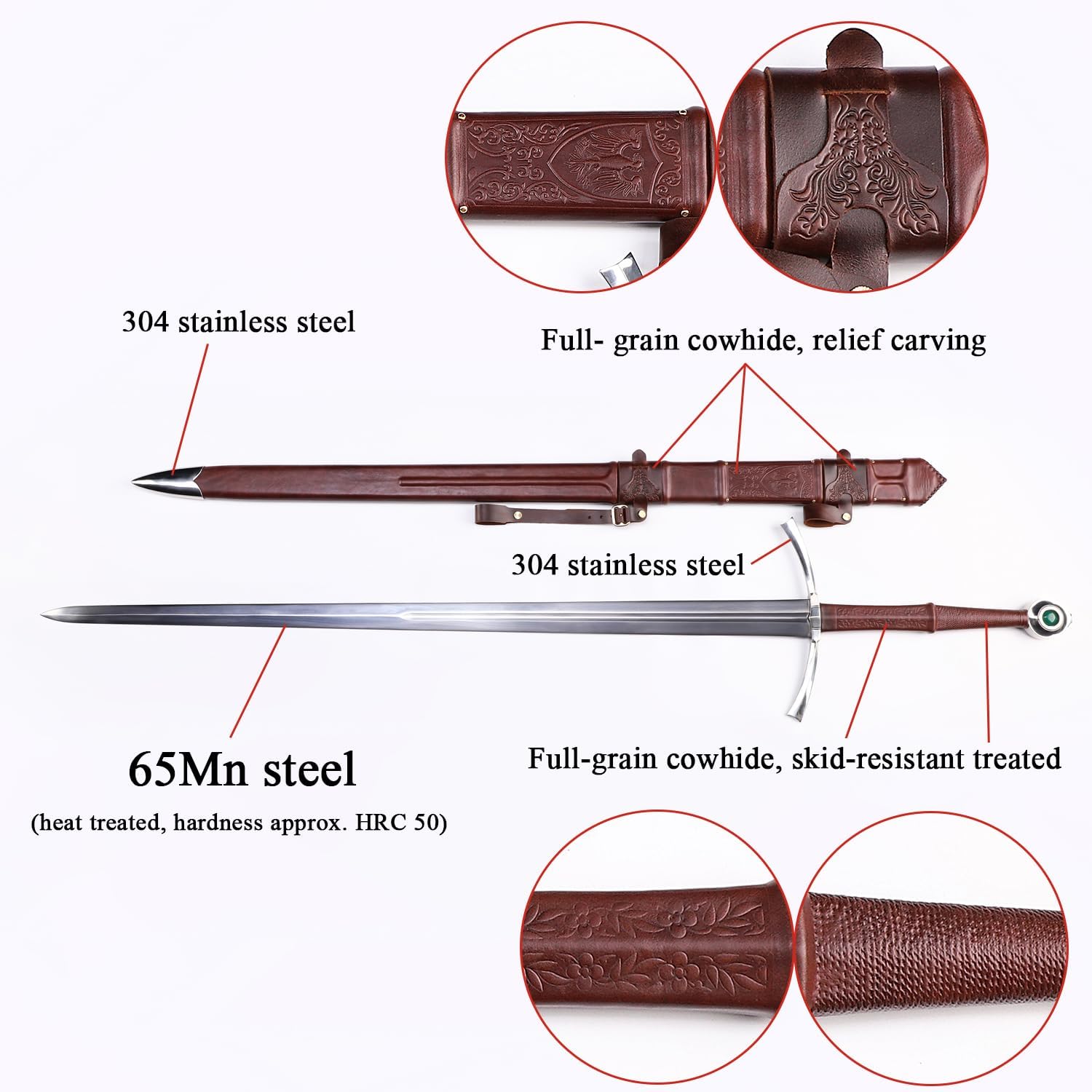 52" European Medieval Knight Western Sword Sharp 65 Manganese Steel Blade Full Tang Real Sword,Handcrafted Top-Grain Leather Handle & Scabbard,Medieval Collectible & Cosplay Prop