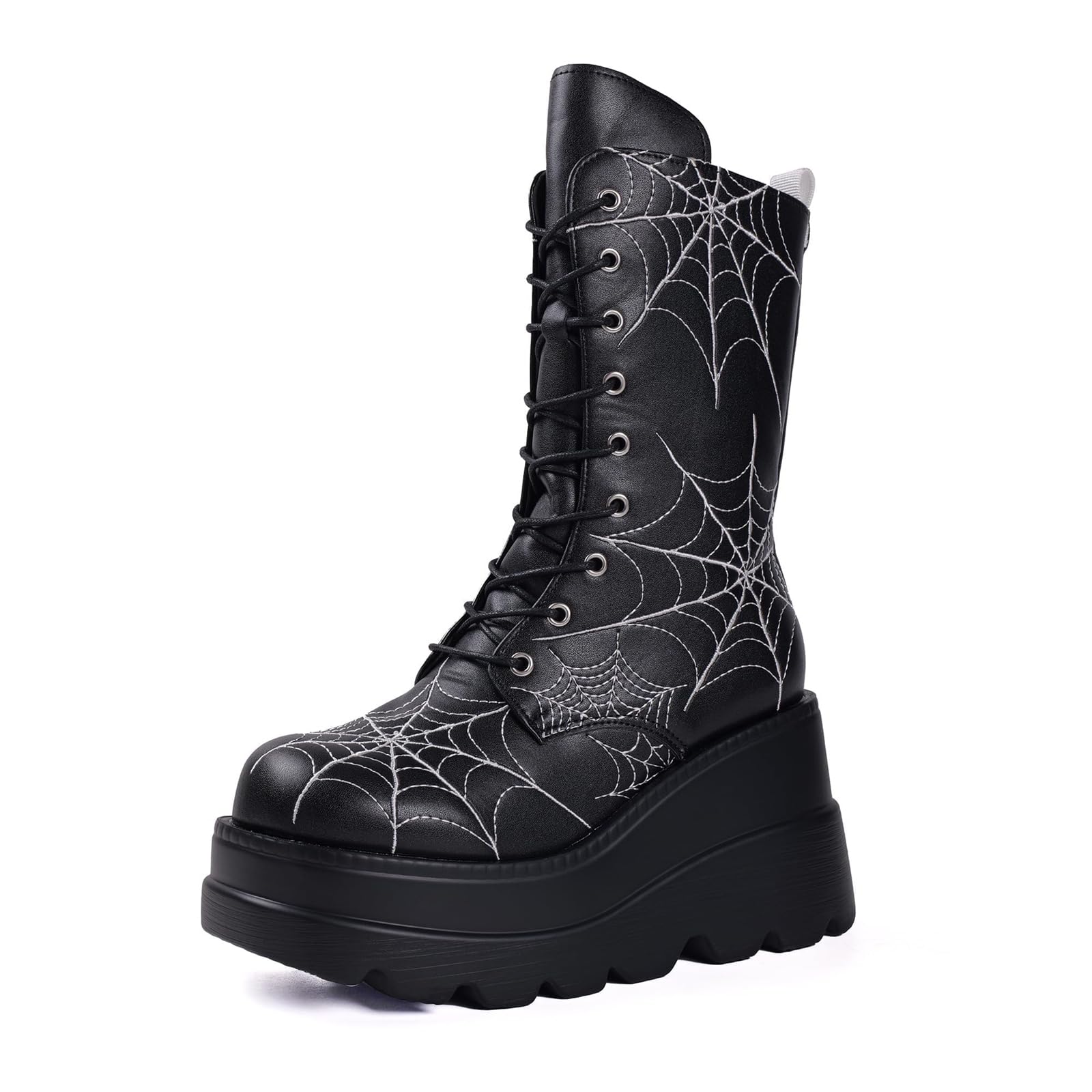 Platform Goth Mid Calf Boots for Women Punk Motorcycle Round Toe Combat Chunky Heel Boots Side Zip Lace