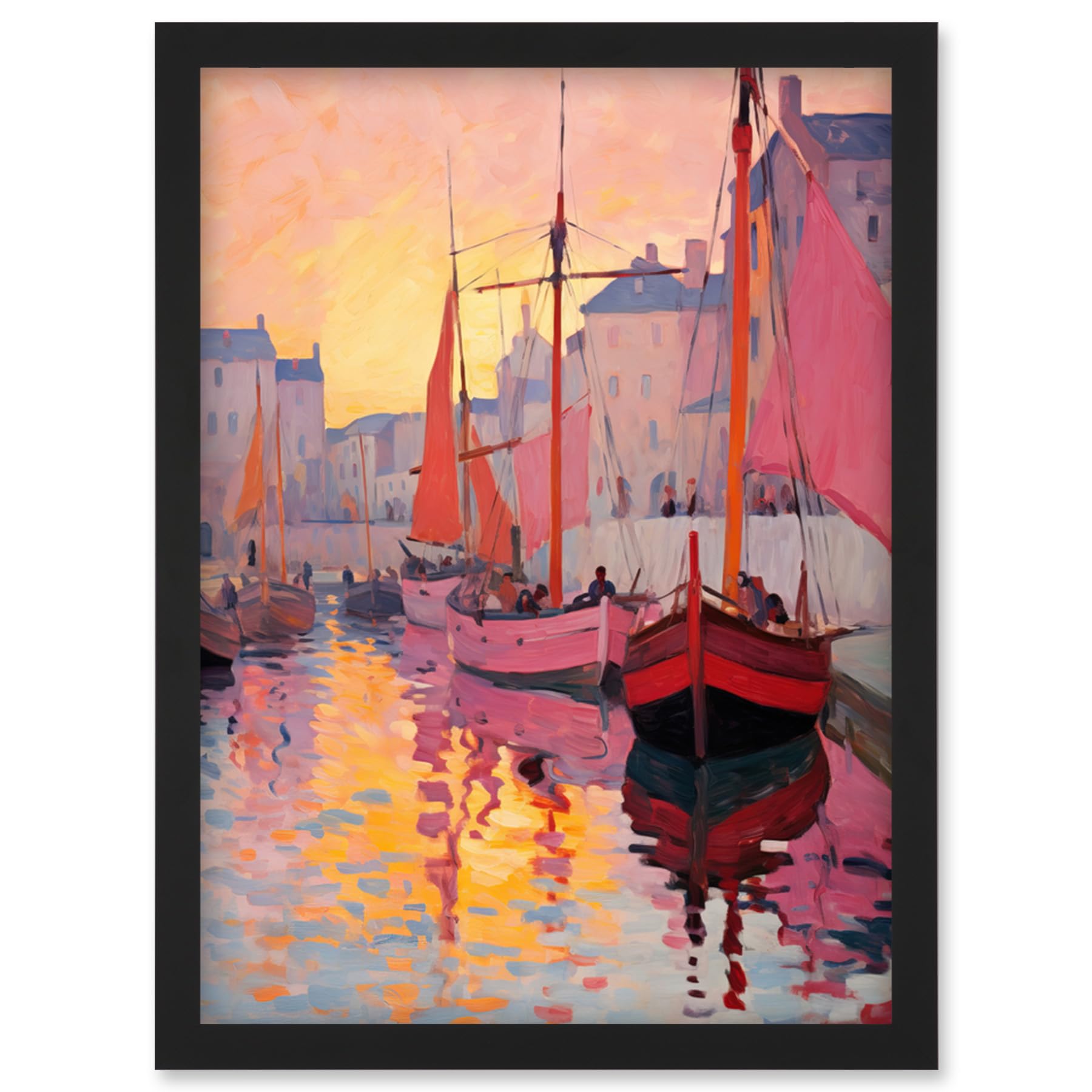 Artery8 Sailboats Reflecting in Harbour Water Pink Orange Sunset Oil Painting Anchoring by Promenade Artwork Framed Wall Art Print A4
