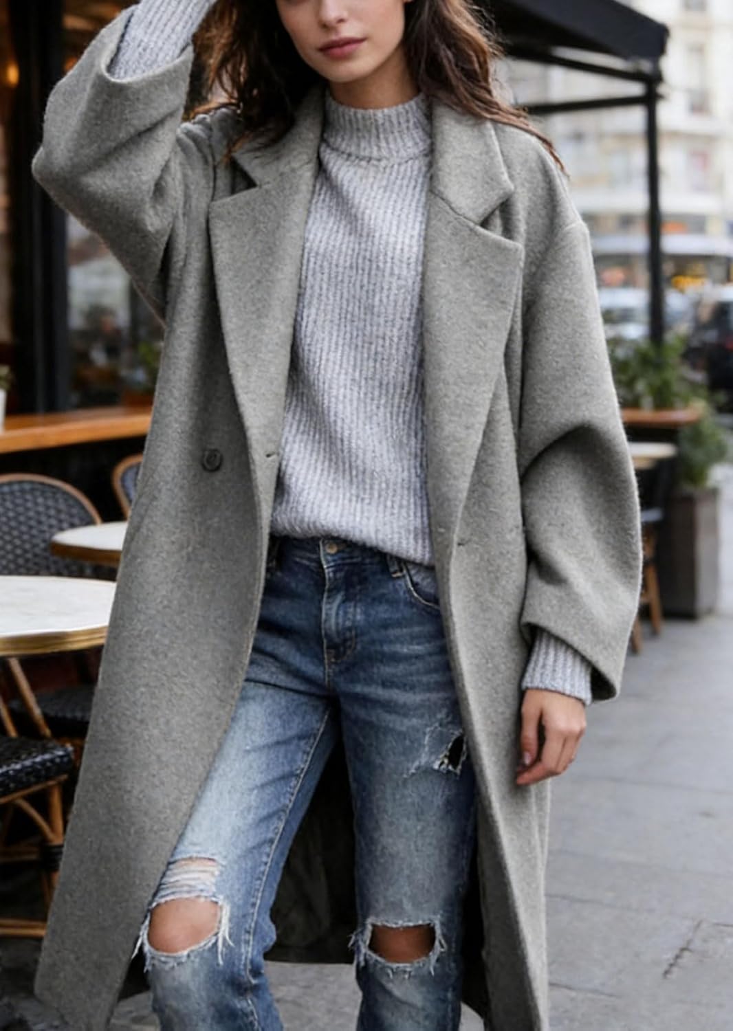 CHARTOU Women's Oversized Notched Collar Wool Blend Single Breast Midi Long Trench Coat - Image 2