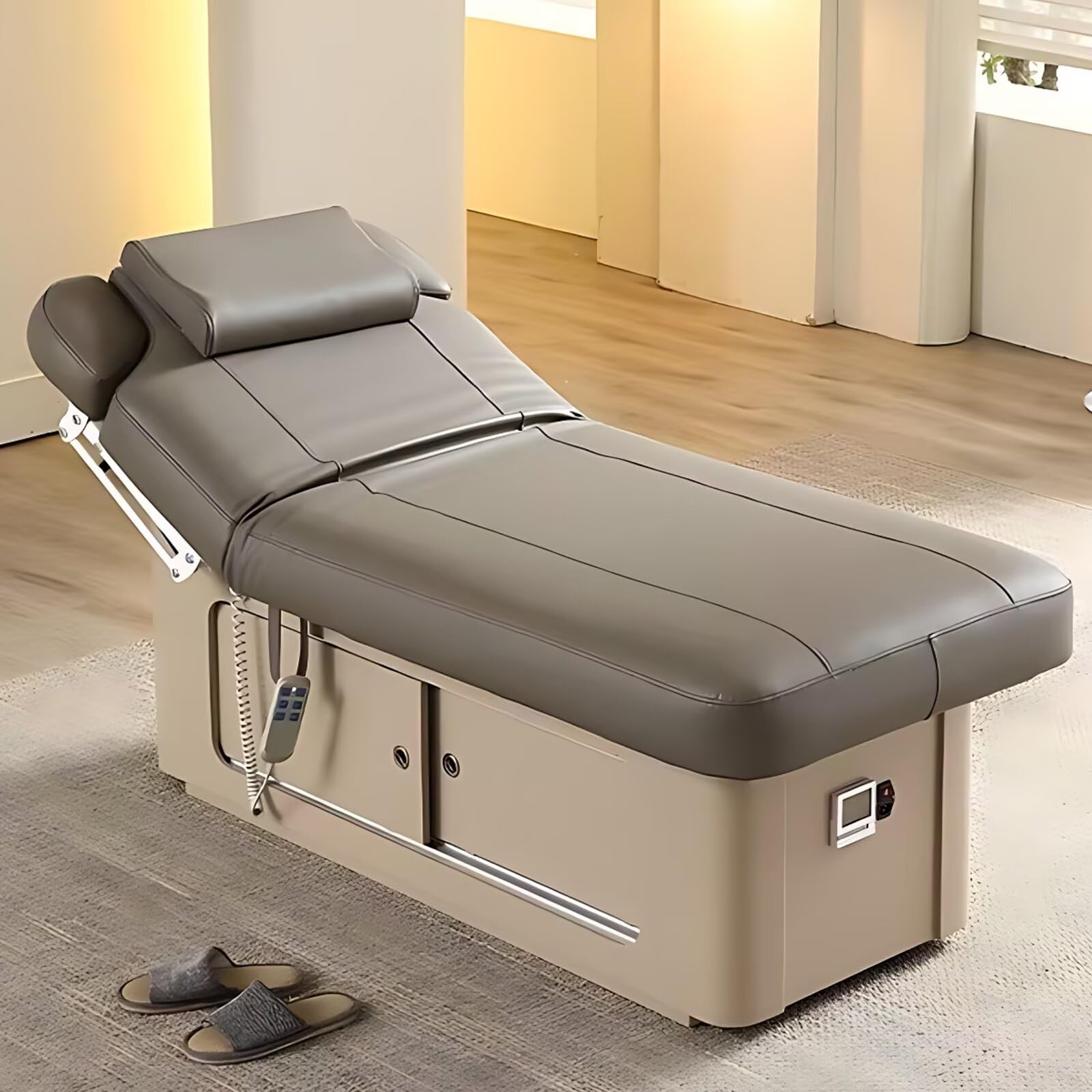 Massage Table-Electric Massage Table with Brown Luxury Style Facial Beauty Bed Includes Back Angle Adjustment One-Touch Heating Ample