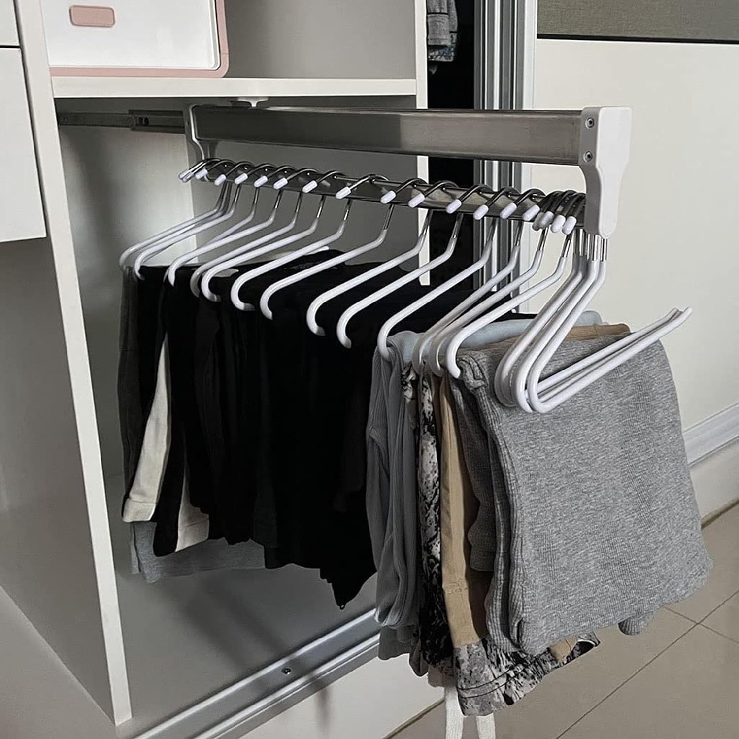 Adjustable Extendable Pull-Out Closet Rod - 2 Sliding Rails Trousers Rack, 201 Steel Finish, Space-Saving Wardrobe Rail 30-80cm, Perfect for Organizing Clothes and Maximizing Storage