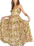 Womens Casual Tropical Ruffle Tiered Floral Maxi Dress Green Pink Leaf Pattern Summer Beach