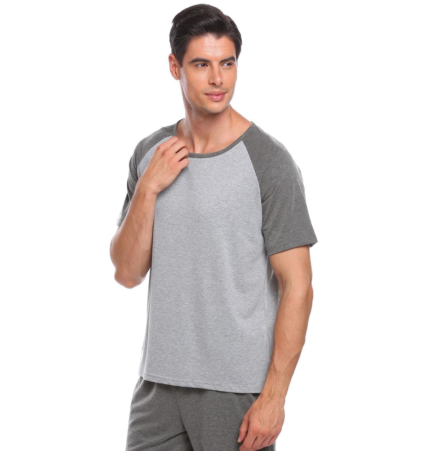 jaffiustJaffiust Men's Short Sleeve Pajama Set Raglan Cotton Soft Sleeping Set Knee Leisure Pajamas Casual Set/Gray/2XL