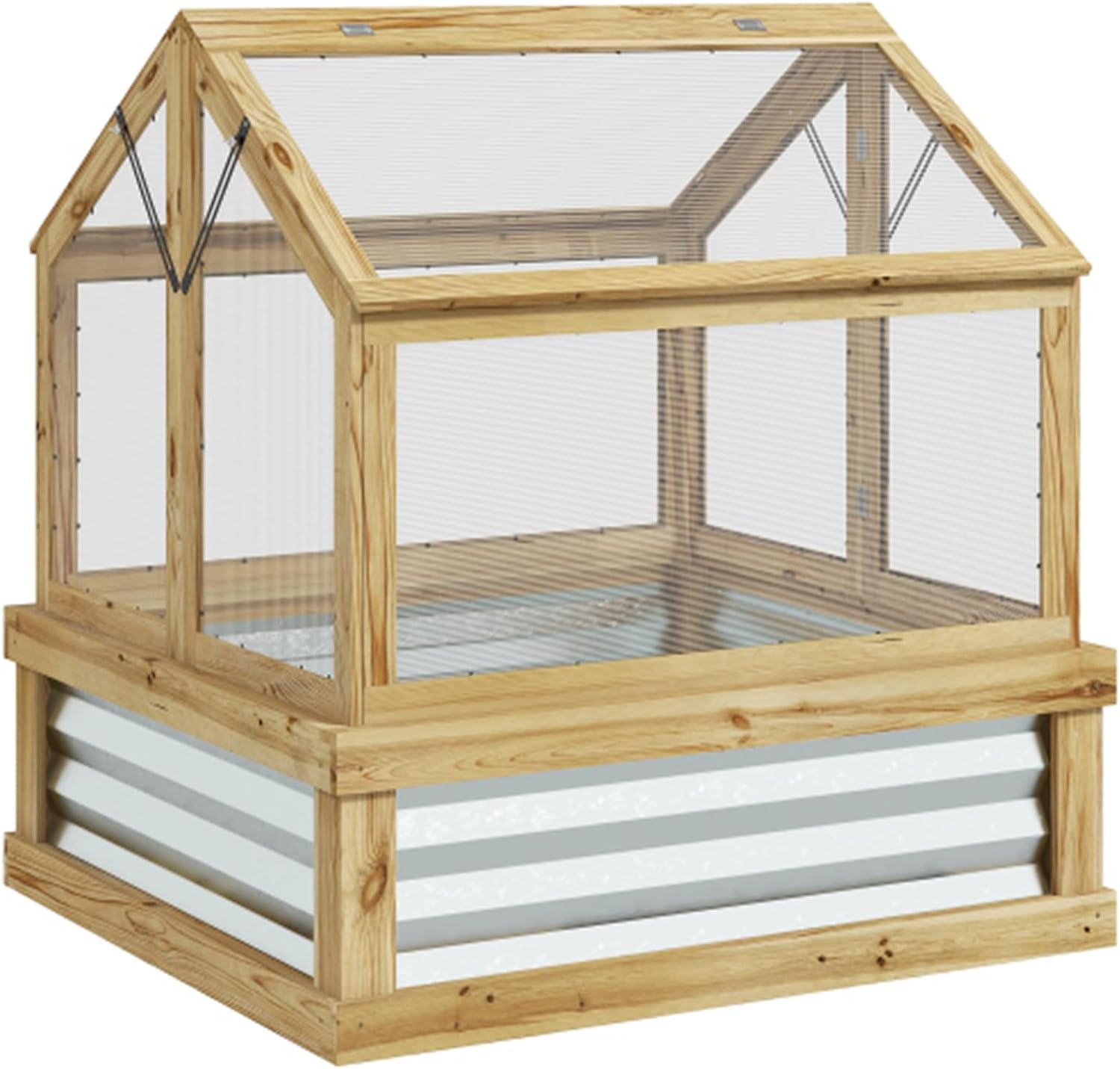 Raised Flower Bed with Polycarbonate Greenhouse, Garden Wooden Cold Bed Greenhouse Flower Planting Protection, Pointed Top, 35.5" x 31.5" x 36", Natural Color
