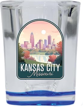 Kansas City Missouri Design B Souvenir 2 Ounce Shot Glass Square Blue Base Single