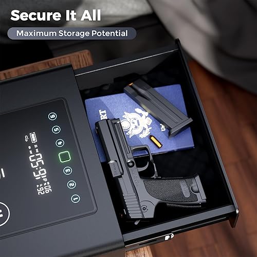 Miniatura 6 de Yoqimi - Caja fuerte biométrica inteligente para pistola, reloj de huellas dactilares con carga inalámbrica 3 en 1, cajón silencioso, reloj