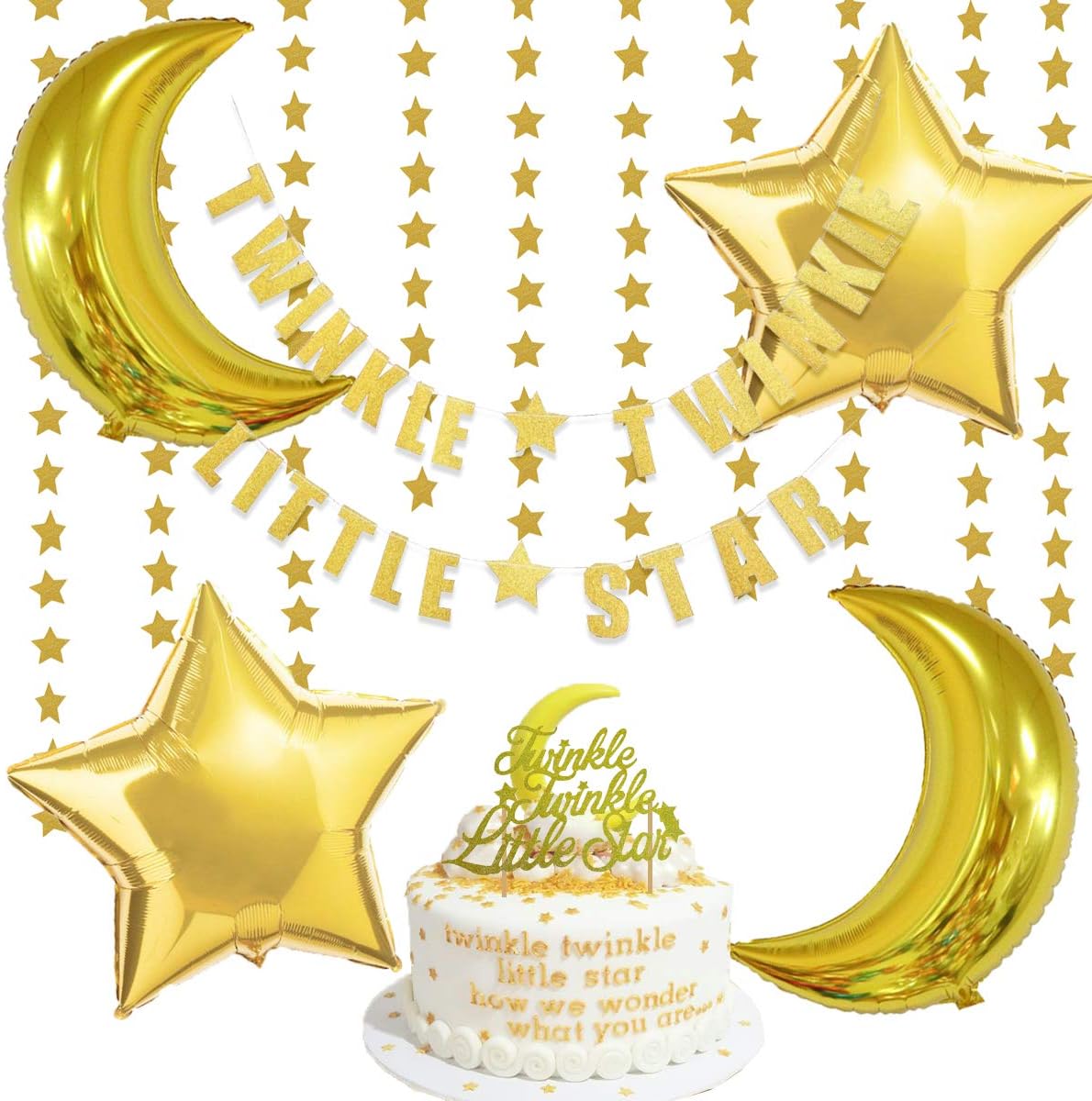 Twinkle Twinkle Little Star Decorations with Glitter Star Banner, Sparkling Star Garland, Cake Topper and Foil Balloons