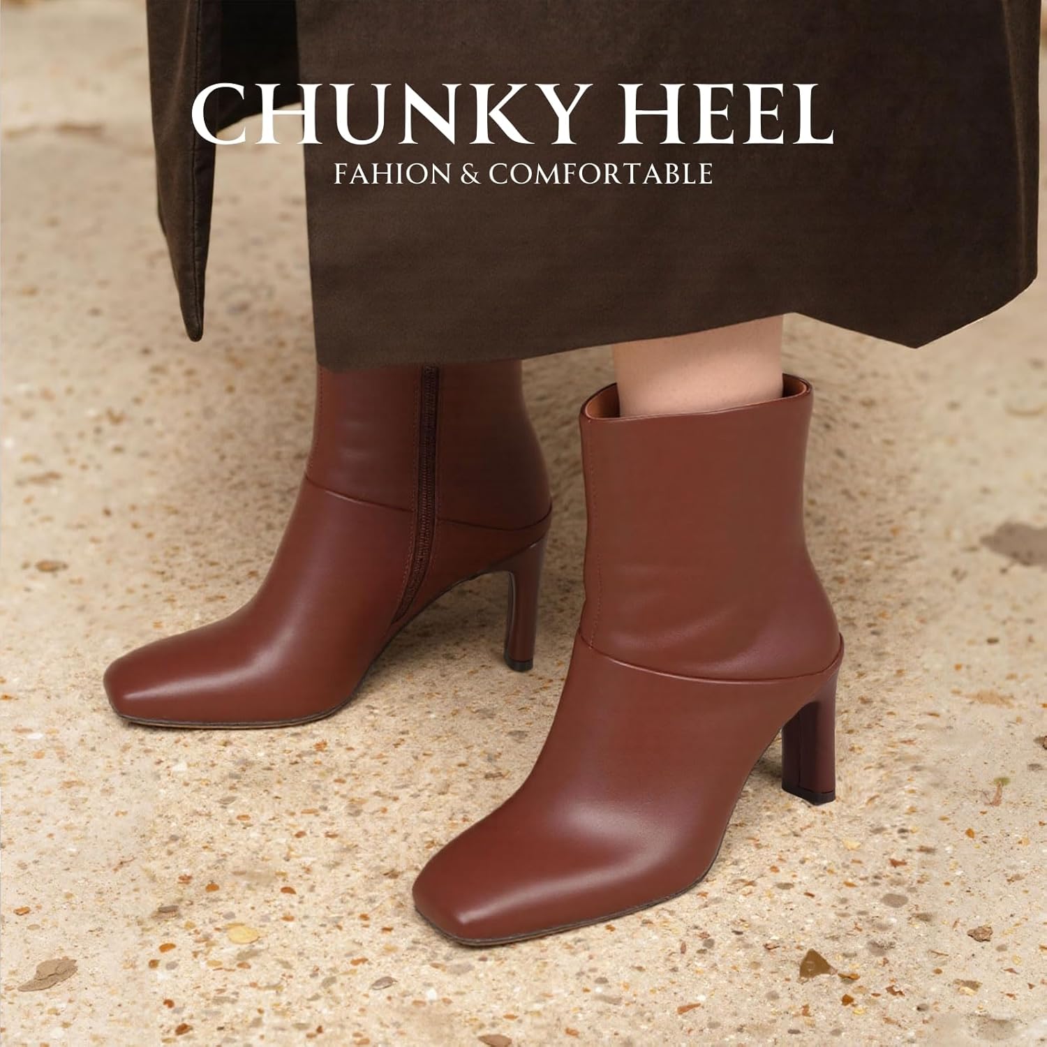 Uacllcau Ankle Boots for Women Square Toe High Heel Block Mid Calf Side Zipper Short Booties Gogo Fashion Fall Winter Boots - Image 6