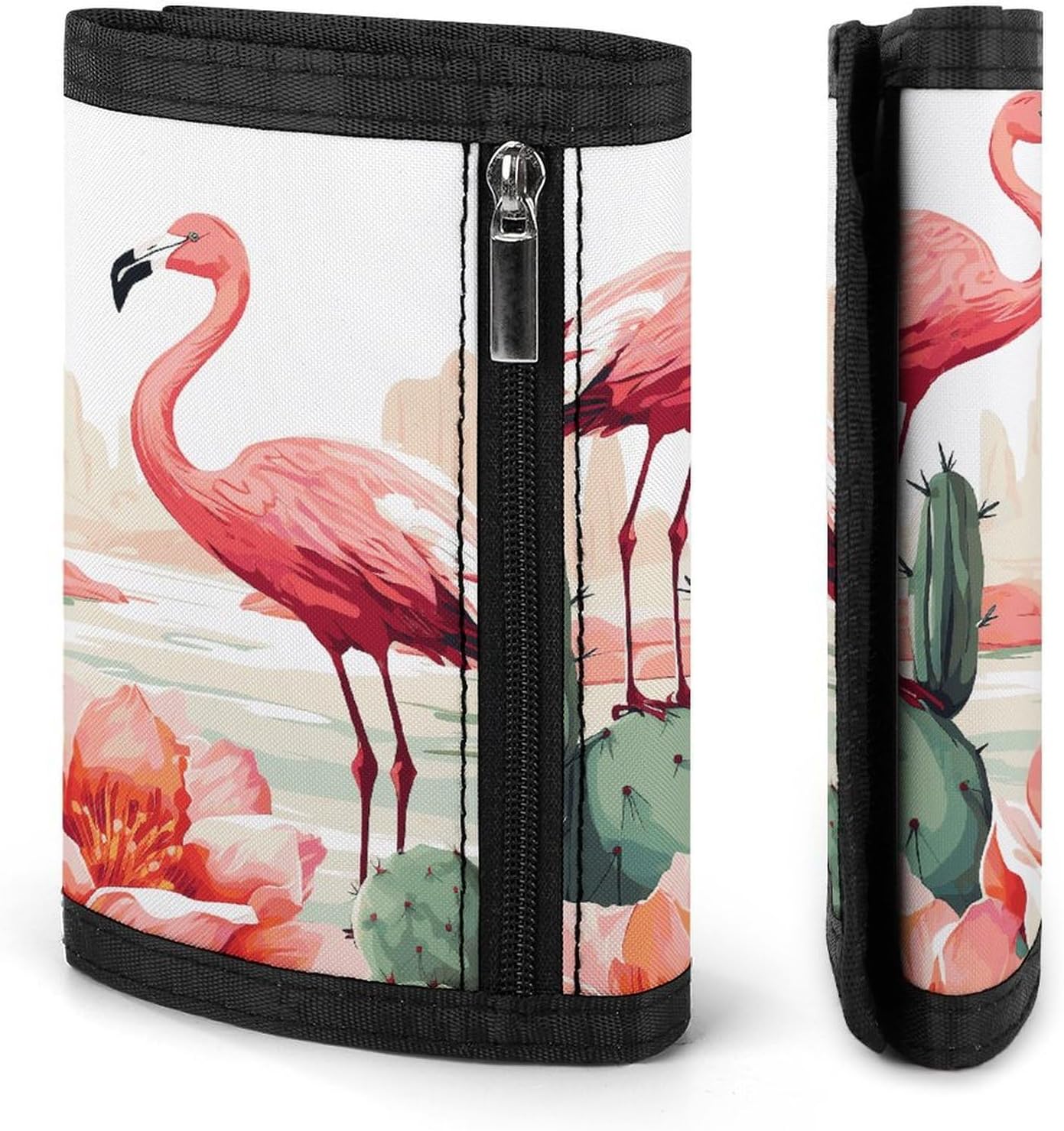 Trifold Canvas Wallet with Keychain, Modern Fashion Credit Card Holder Wallet for Men Women, Cactus Flamingo Rose Flowers Slim Wallets W/Zipper Coin Pocket, Novelty Birthday Gift