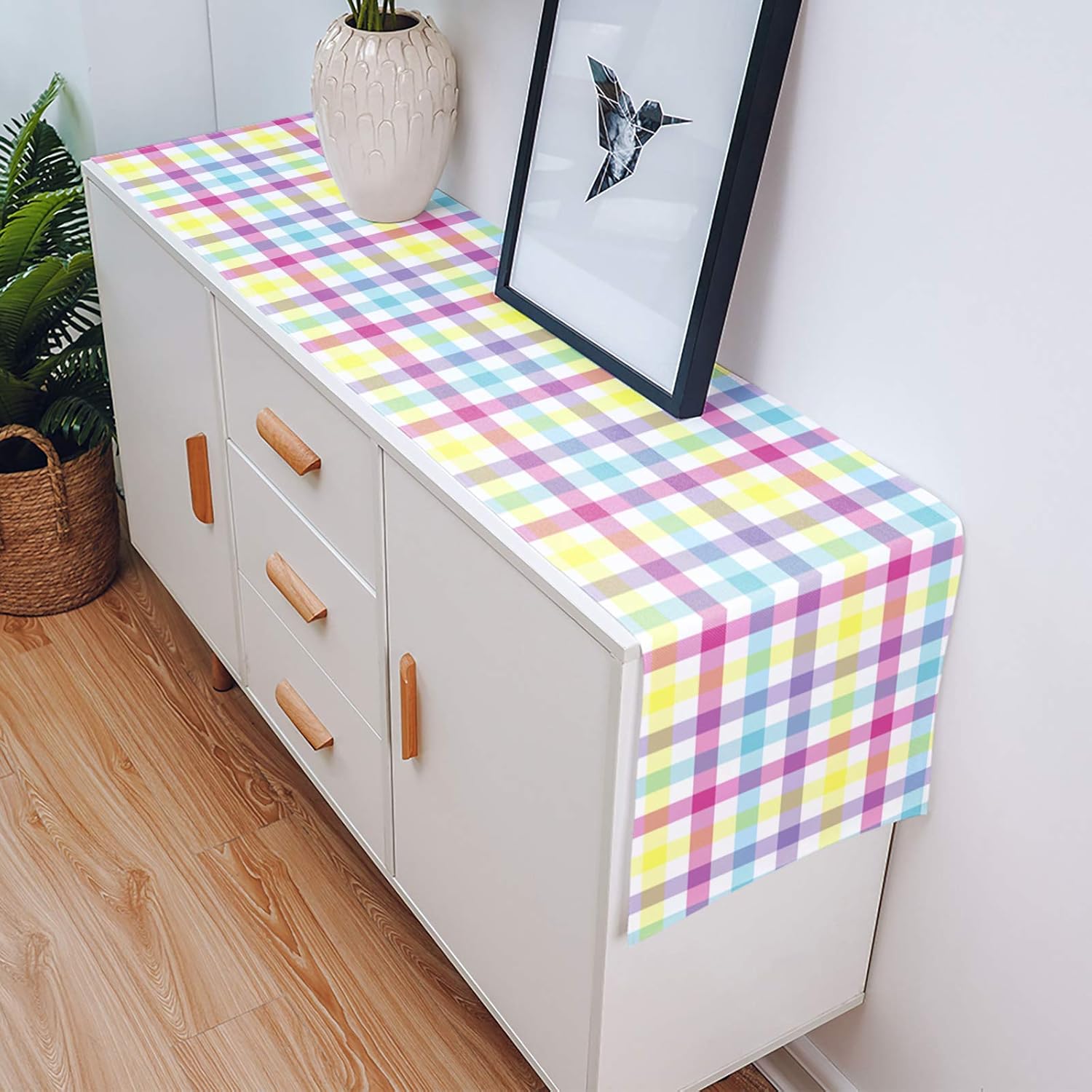 Savannan Easter Table Runner, Happy Easter Spring Colorful Plaid Yellow Blue Pink Purple Cotton Linen Dresser Scarves for Kitchen Daily Use Family Dinners Party Gathering Home Decor 13"x120"