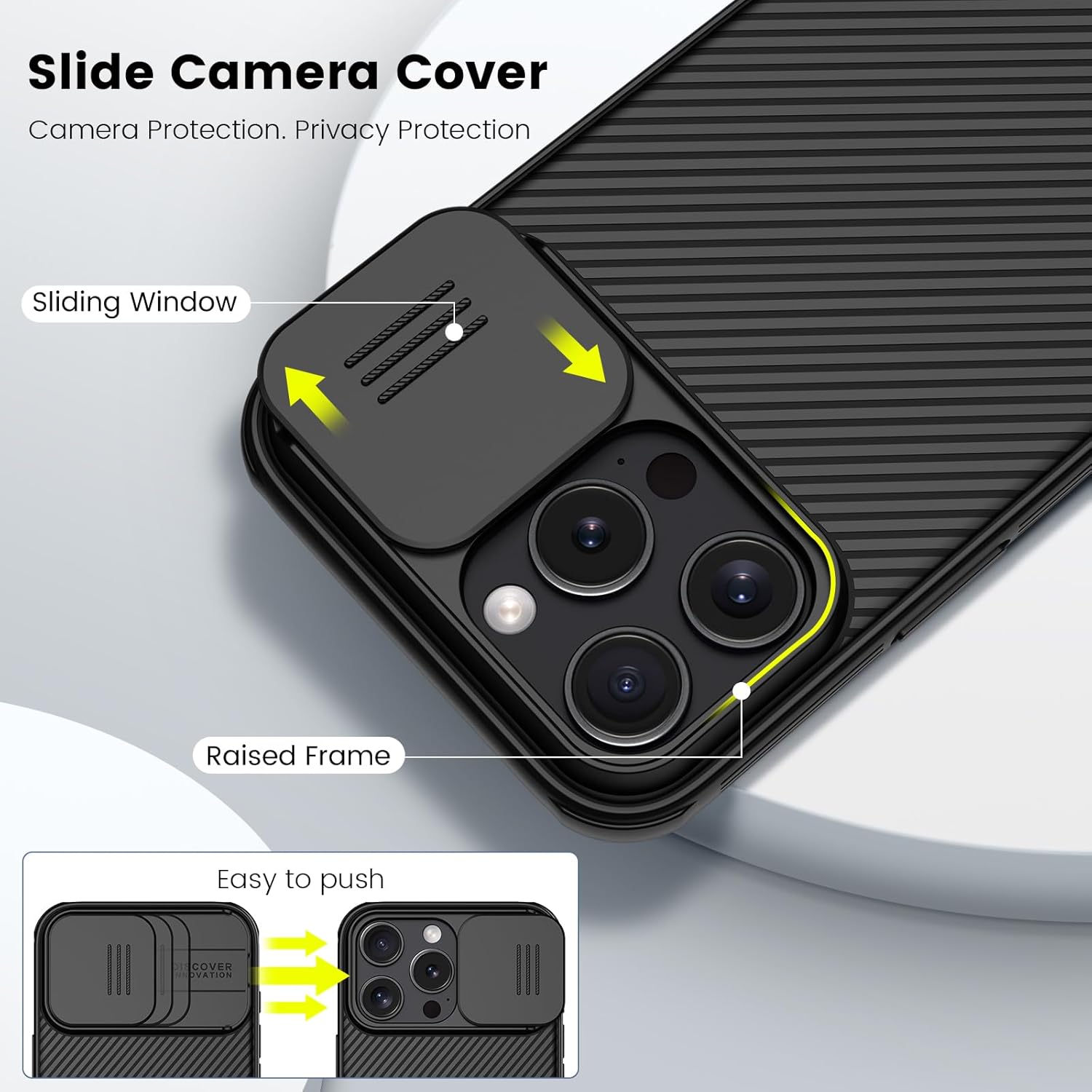 Image showing the slide camera cover in open and closed positions on the iPhone 16 Pro Max case.