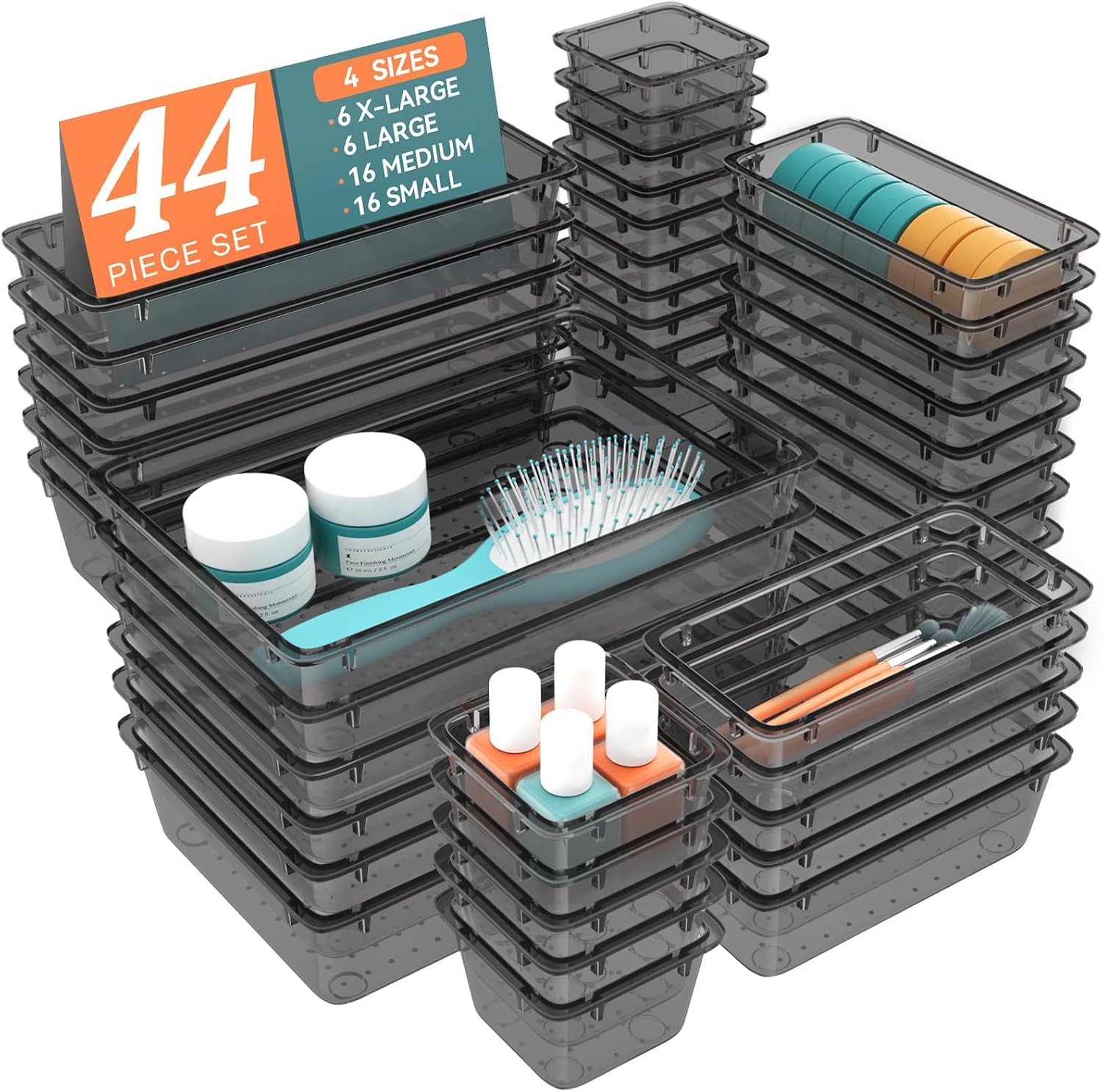 44 PCS Clear Plastic Drawer Organizer Set, 4 Sizes Storage Bins, Black