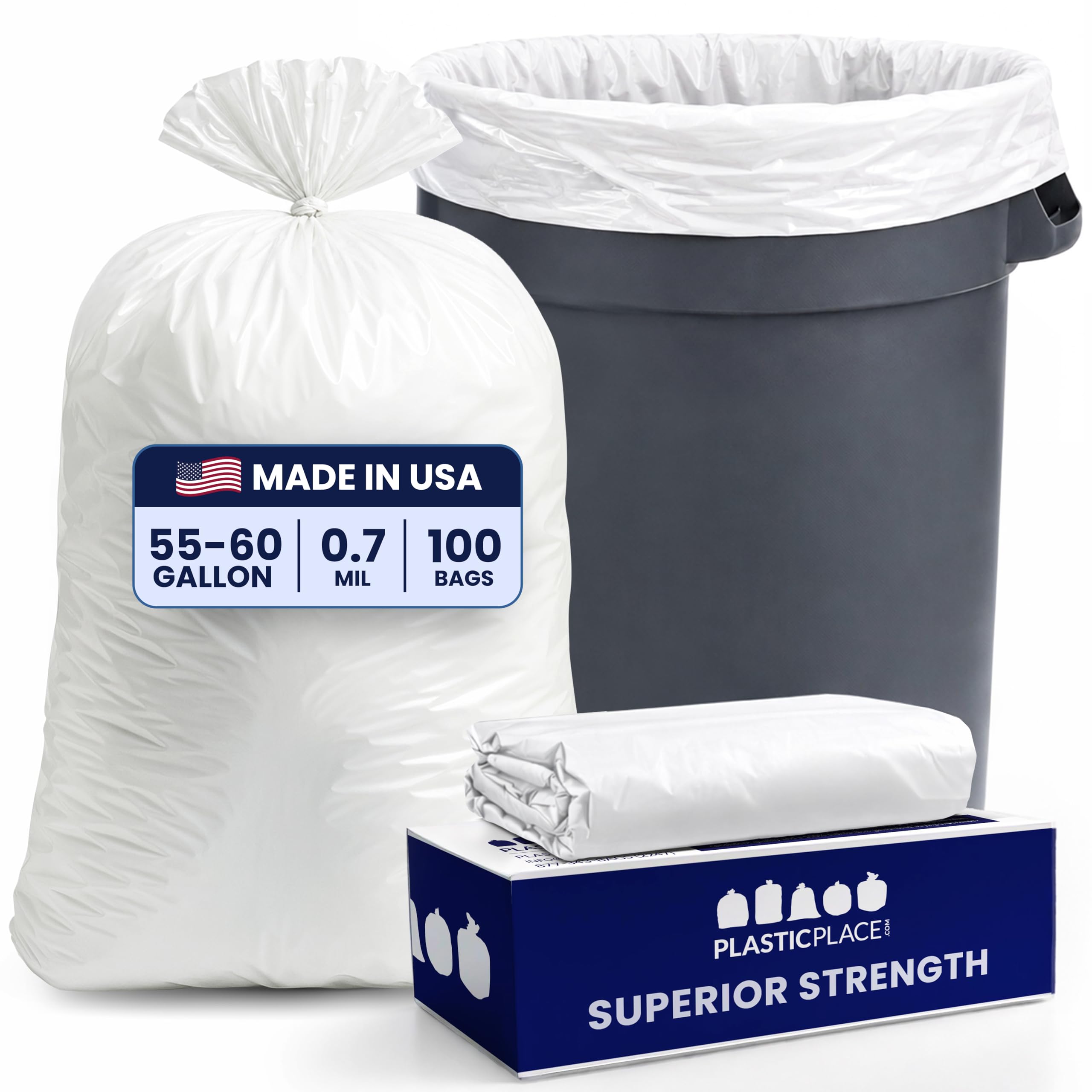Plasticplace 55-60 Gallon Trash Bags │ 0.7 Mil │ White Heavy Duty Garbage Can Liners │ 38” x 58” (100 Count)