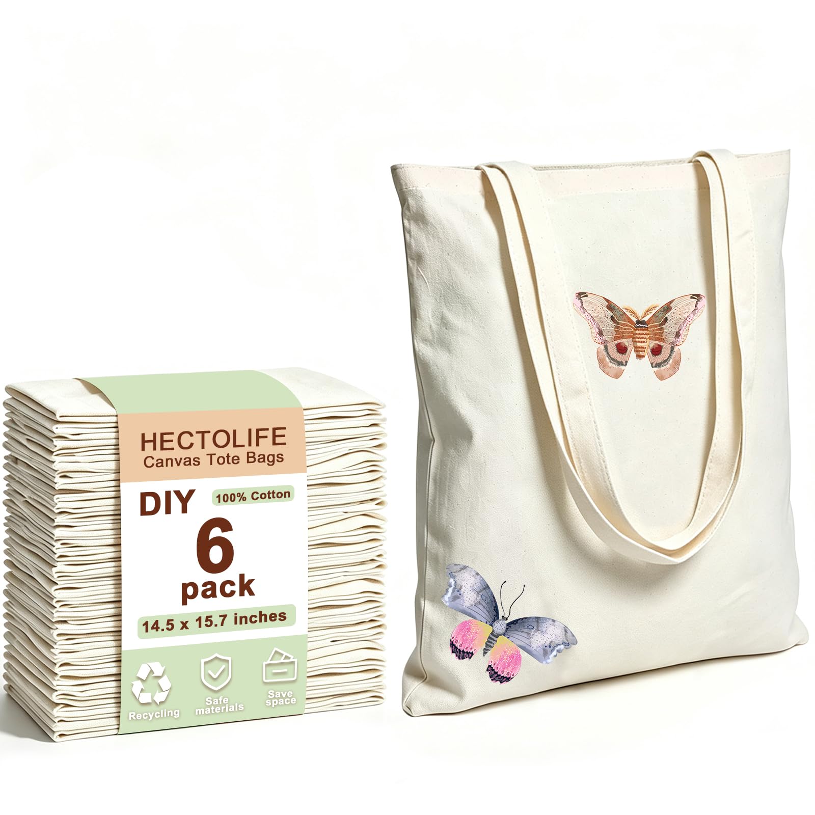 HECTOLIFE 6/12/24/48/ 96 Pack Canvas Tote Bags,Reusable Blank Canvas for Shopping Bags Beige Medium 6