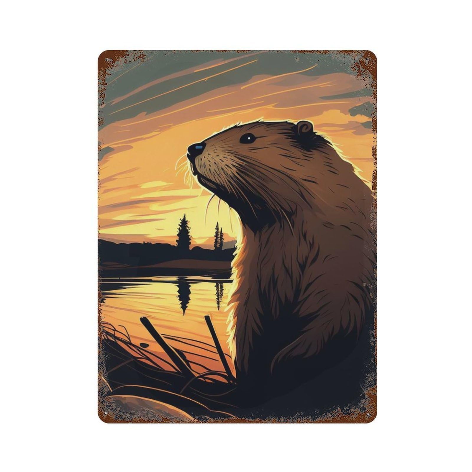 Beaver Sunset Retro Metal Sign 15.7"x11.8", Rustic Home Decor for Garage, Pub Or Kitchen