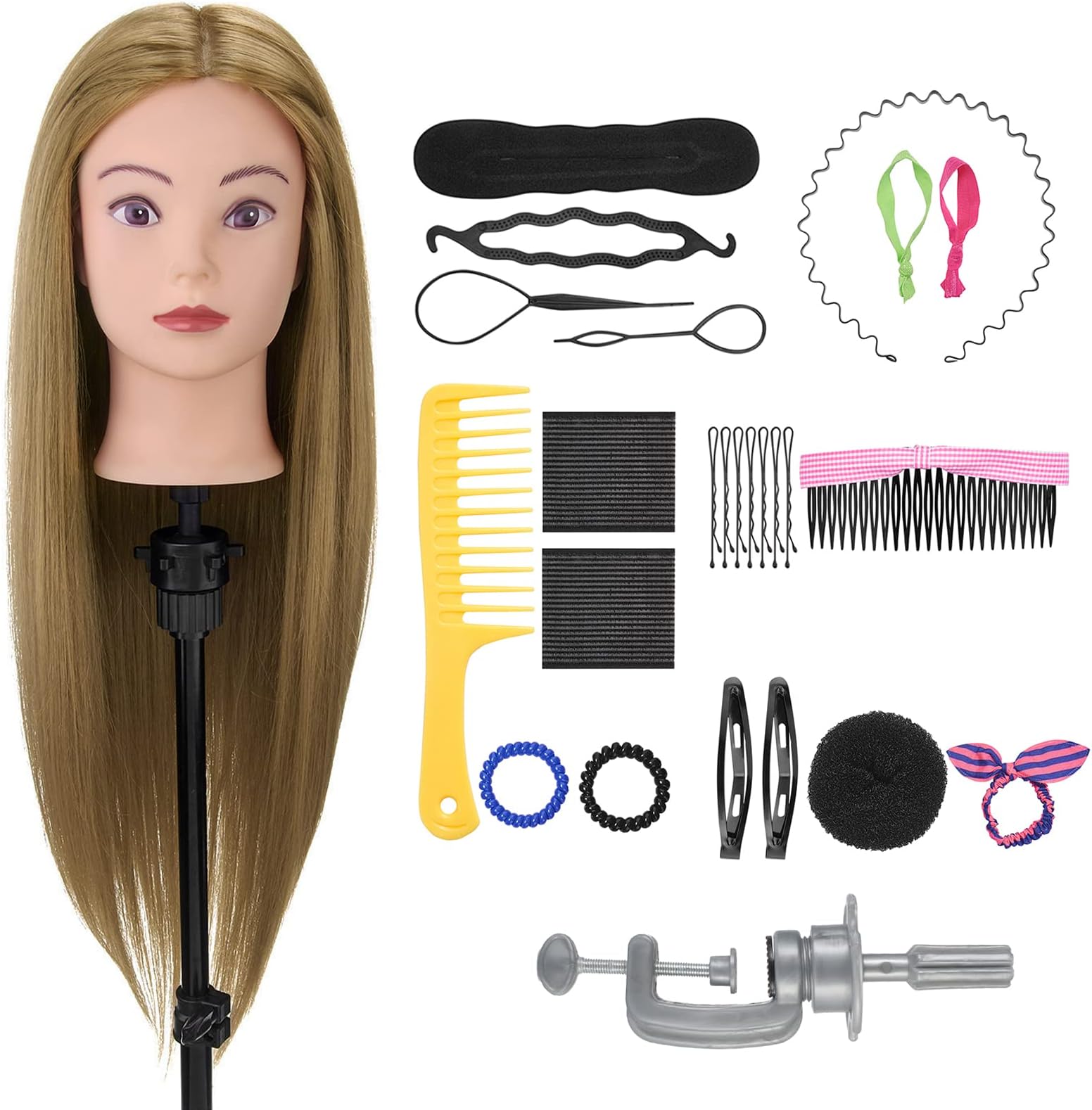Neverland Beauty & Health Hairdressing Head 71 cm 80% Real Hair, Hairdressing Training Head for Hairdressers Training Head with Holder + DIY Hair Set (Blonde)