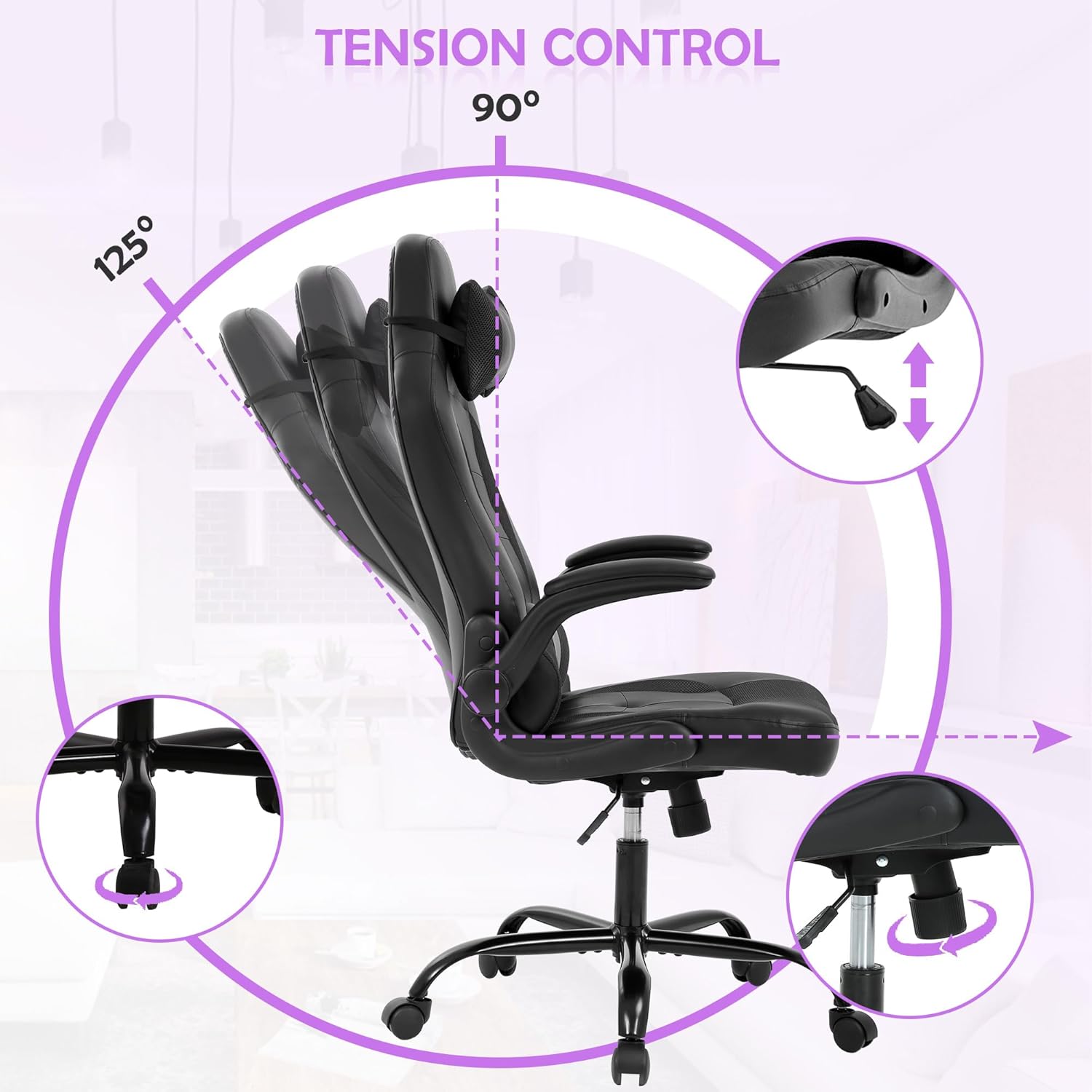 Gaming Chair, Video Game Chair, Cheap Computer Gaming Chair PU Leather High Back PC Gaming Chair Ergonomic Racing Swivel Office Desk Chair with Headrest and Lumbar Support for Adults Kids (Black)