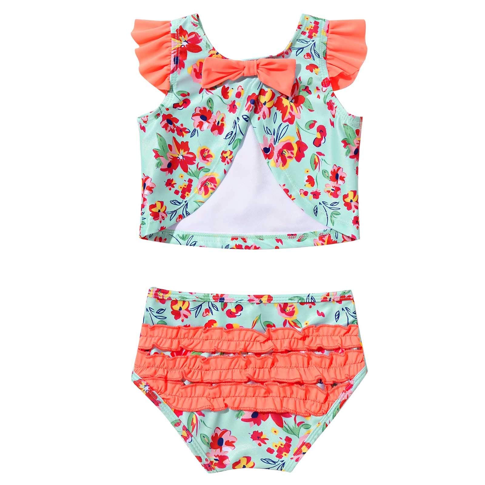 Yeahdor Infant Baby Girls 2 Pcs Beach Tankini Set Flower Printed V Back Top with Brief Bathing Suit Orange 2-3