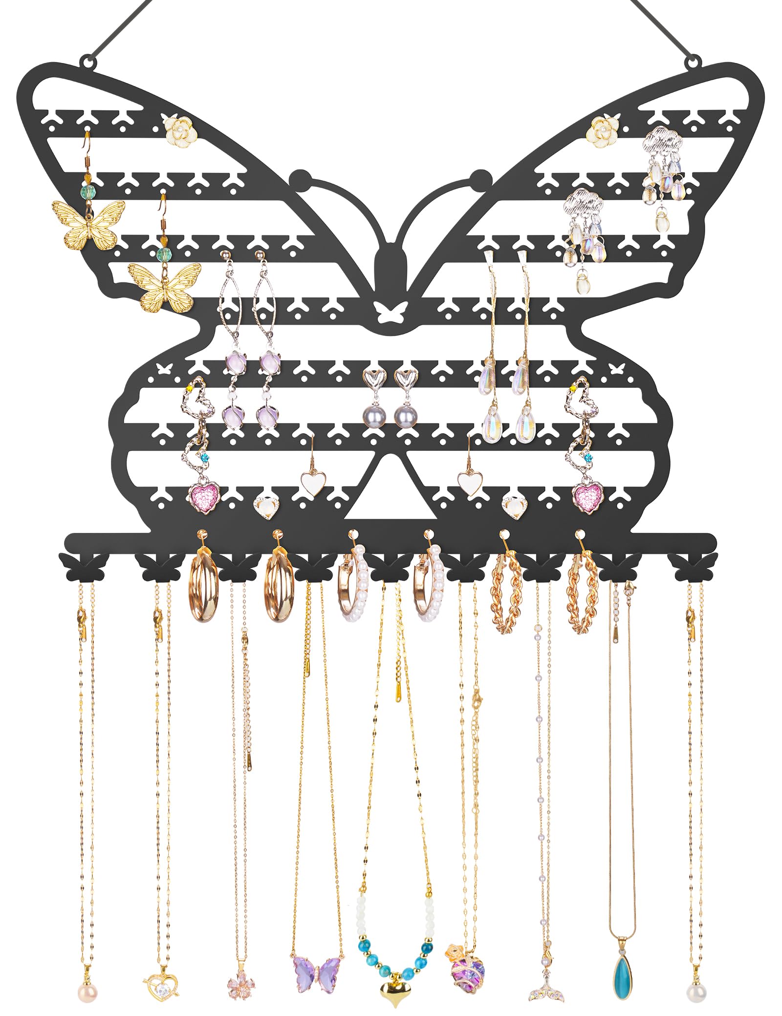 NiHome Butterfly Wall Mounted Jewelry Organizer, Decorative Metal Earring and Necklace Holder for Bedroom, Vanity, or Closet, Stylish Organizer with Easy Hanging for Fashion Lovers (Black)