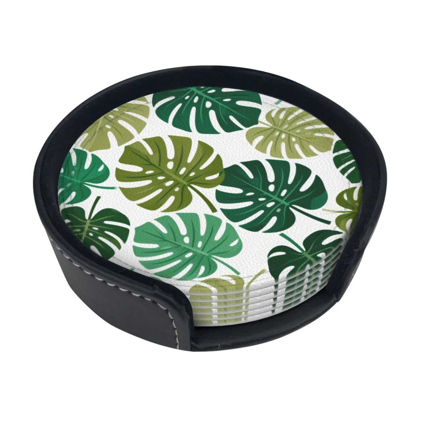 Cntdbu White Tropical Leaves Leather Coasters Set Of 6-Pu Leather Drink Mats For Table, Heat Resistant Round Coasters With Holder