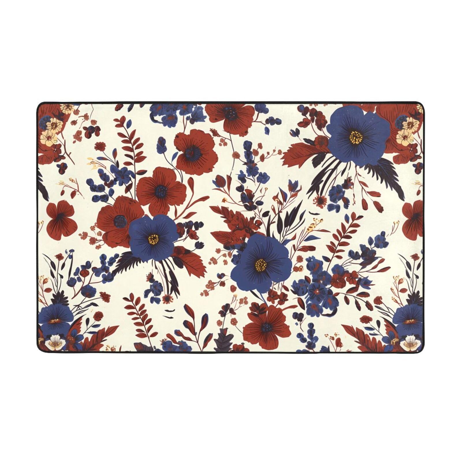 Tapis fleurs bleu marine velours fin résistant usure 152x99 cm