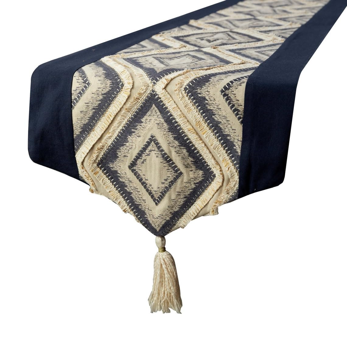 The HomeCentric Decorative Blue Table Runner 35 x 150 cm, Moroccan, Tassles & Lace Table Runner, Jacquard fabric Table Linen, Geometric Pattern Contemporary Style Wedding Décor - Blue — image 1