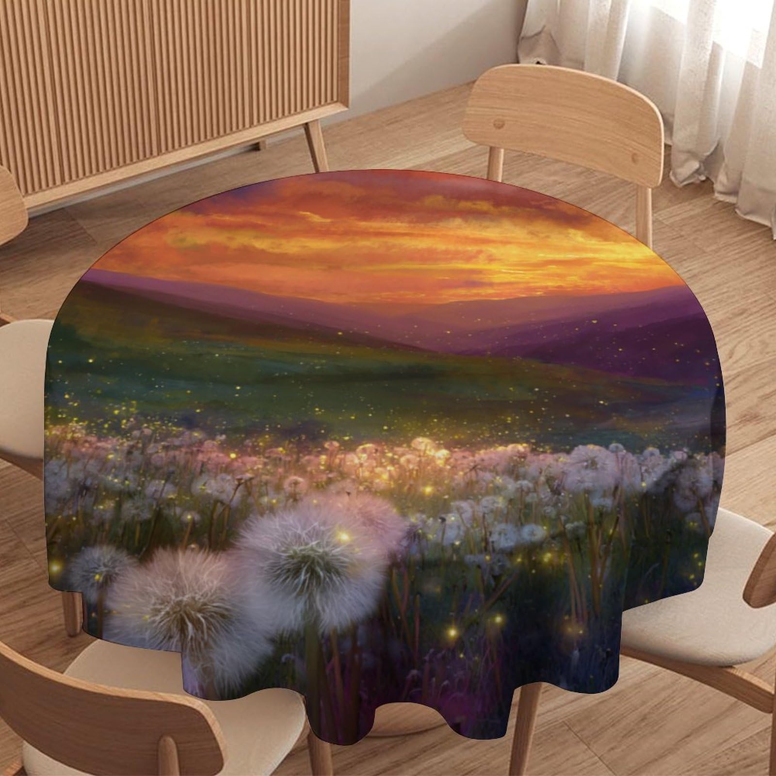 LUYYSKY Modern Retro Dandelions Round Tablecloth Natural Oil Painting Sunset Landscape Plants Dandelions Floral Pattern Washable Decor for Table Cover for Kitchen-91.4" Wx91.4 L cm