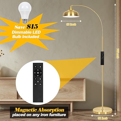 Miniatura 7 de Lámparas de pie doradas para sala de estar - Lámparas de pie de arco con bombilla de 9W, pantalla de metal ajustable 360, lámpara de pie regulable