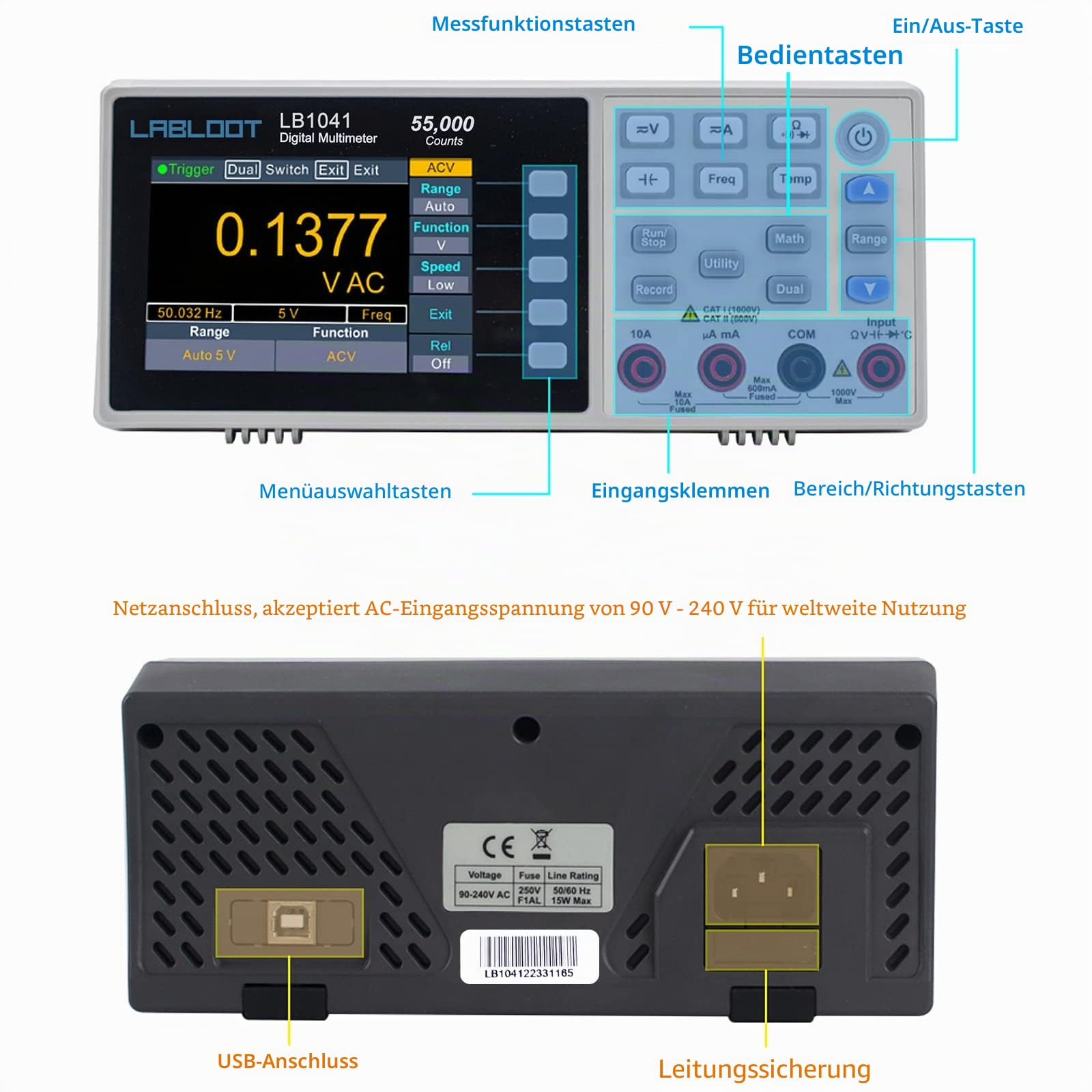 LB1041 USB Digitales Multimeter, 3,7 Zoll LCD-Bildschirm, 55000 Counts True RMS Temperatur Mini Desktop Meter