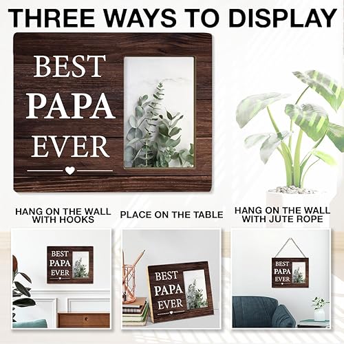 Miniatura 4 de Marco de fotos de madera rústico para papá con texto en inglés "Best Papa Ever", regalos para abuelo, cumpleaños, Navidad, Día del Padre, fotos de 4