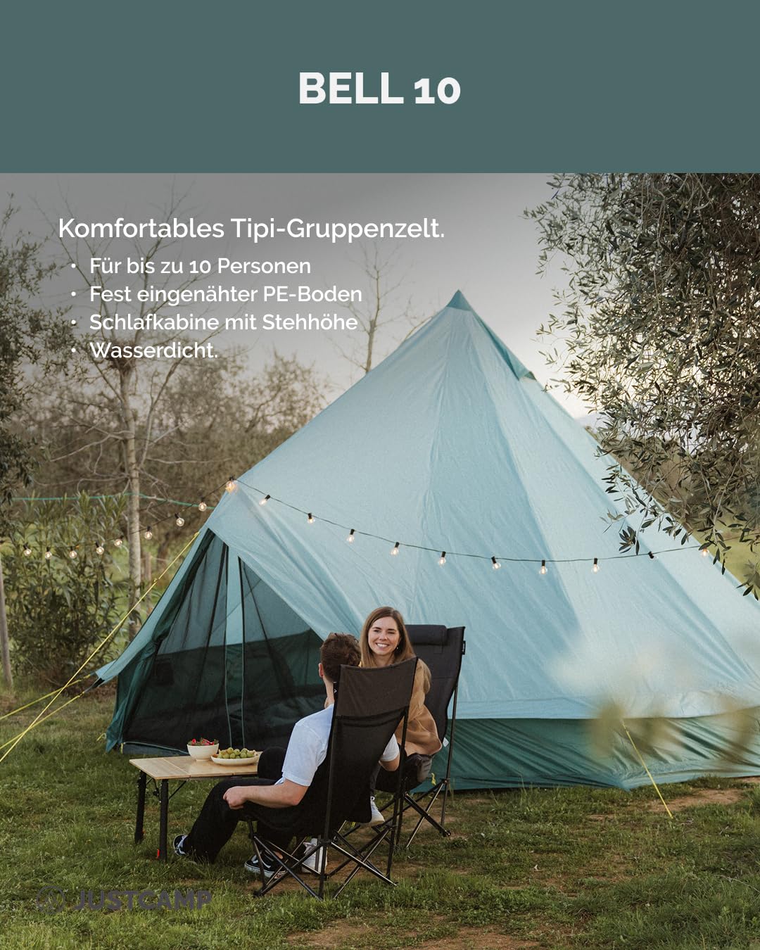 JUSTCAMP Bell 10 Tipi Tente - Tente de Camping extérieure 10 Personnes/Places, 4 Saisons, familiale, imperméable, Premium XXL géante - 5 x 5 x 3 m - 14 kg - Menthe