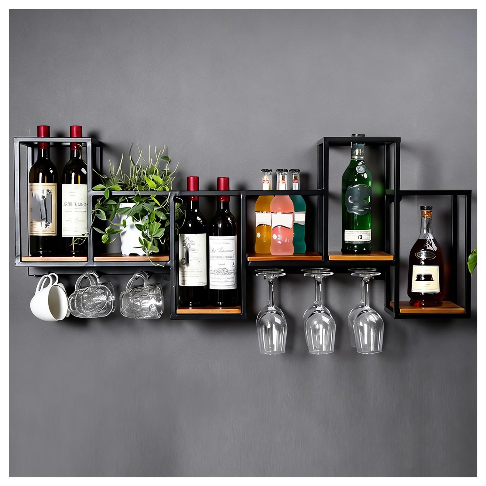 Ce Porte-Bouteilles Mural de Style Industriel, avec sa Structure en Fer et Ses étagères en Bois thermolaqué, est idéal pour Ranger Verres à vin et Bouteilles dans Un élégant Meuble Bar. Dime