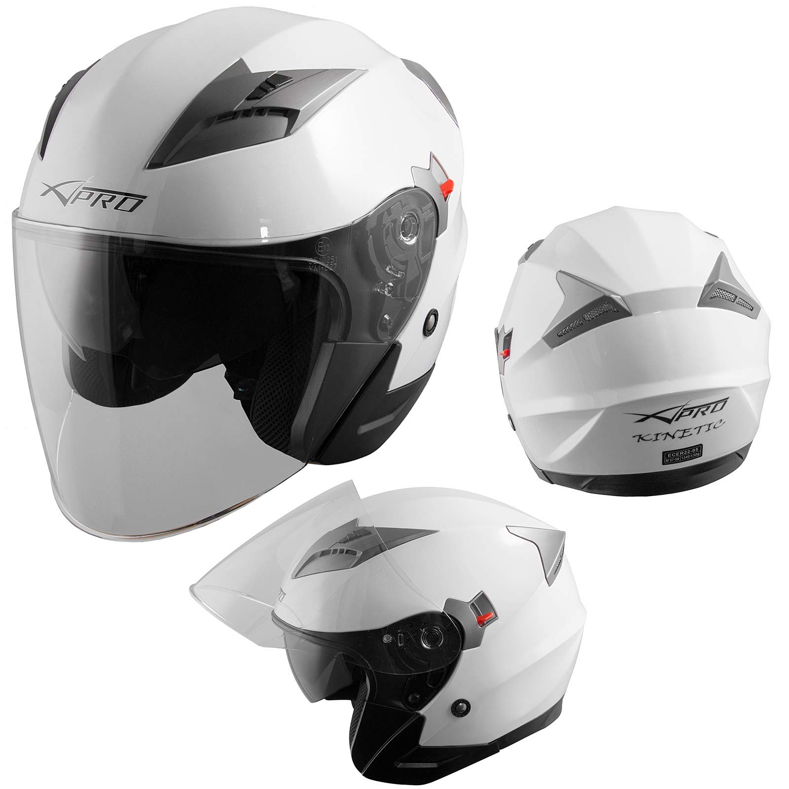Demi Jet Casque Visière Pare Soleil ECE 22-05 Approuvé Moto Scooter A-Pro Kinetic Blanc XL